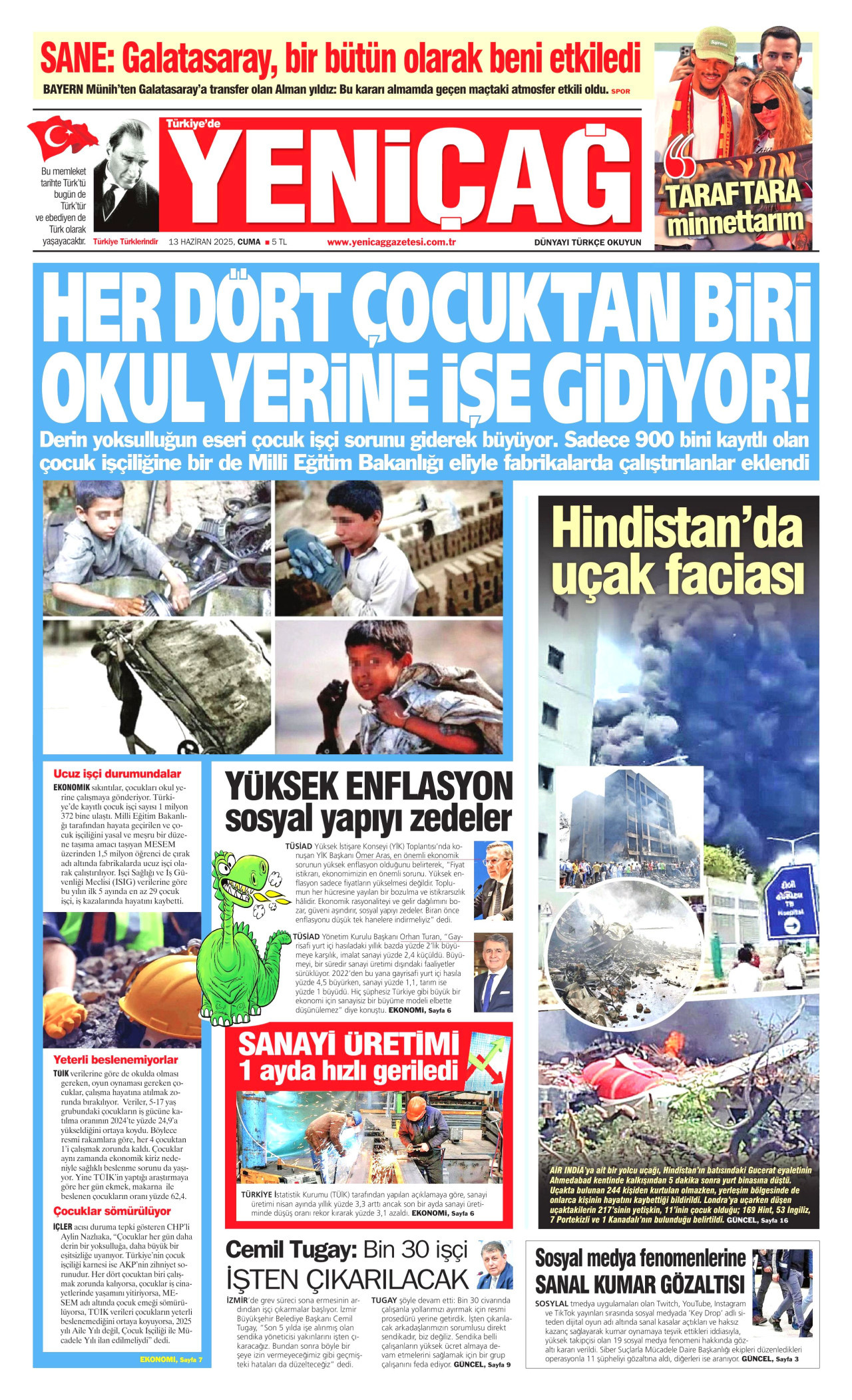 YENİÇAĞ gazetesinin 13 Haziran 2025 tarihli birinci sayfası