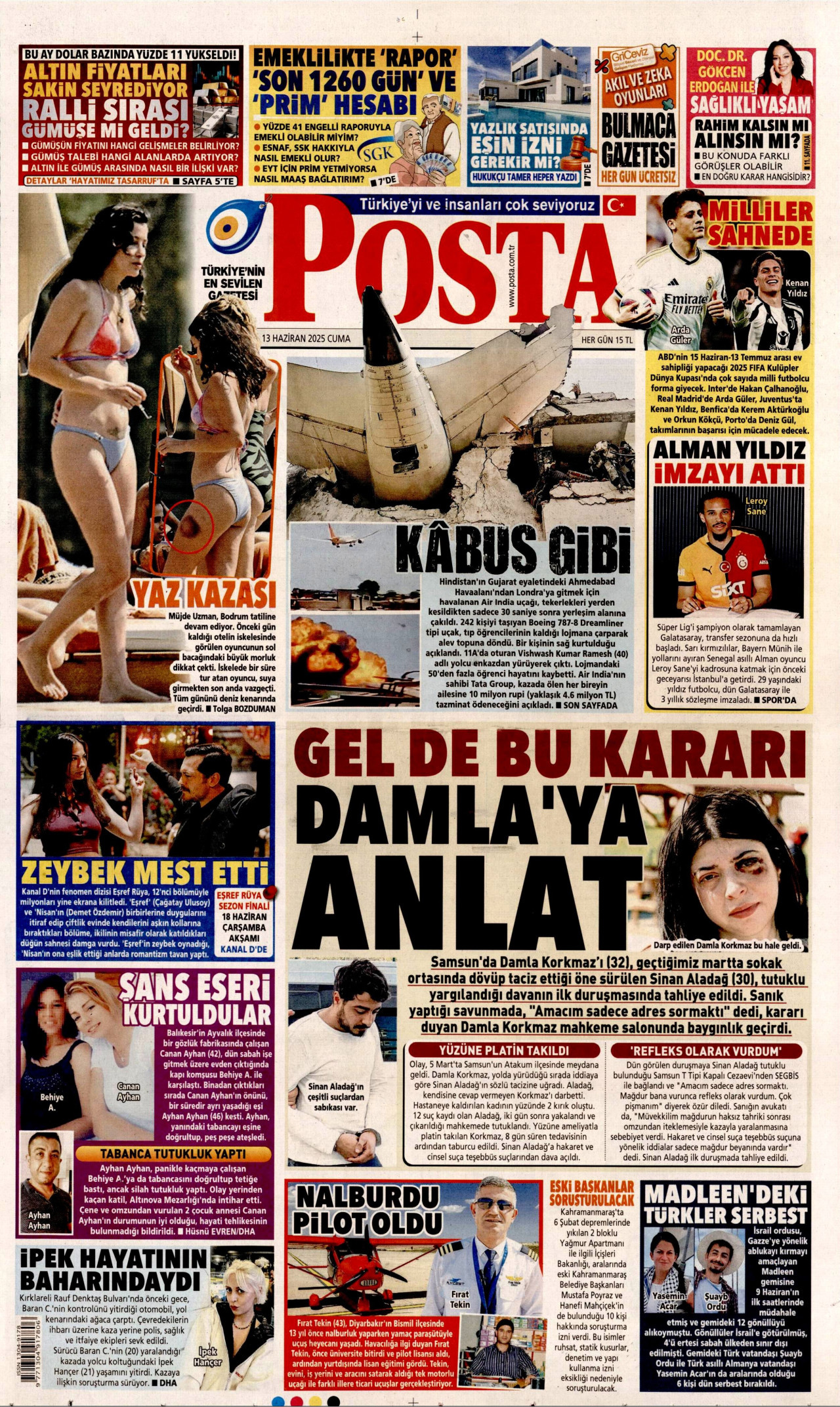 POSTA gazetesinin 13 Haziran 2025 tarihli birinci sayfası