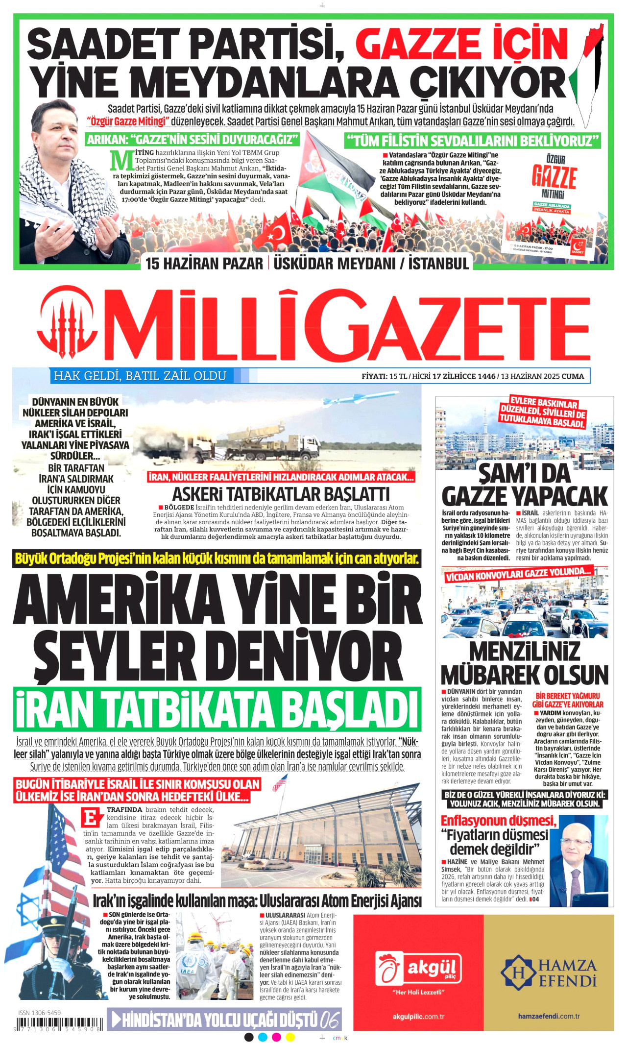 MİLLİ GAZETE gazetesinin 13 Haziran 2025 tarihli birinci sayfası