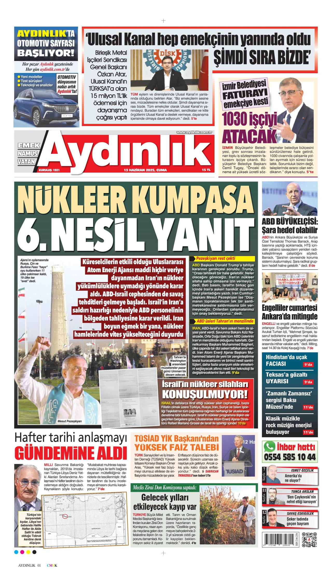 AYDINLIK GAZETESİ gazetesinin 13 Haziran 2025 tarihli birinci sayfası