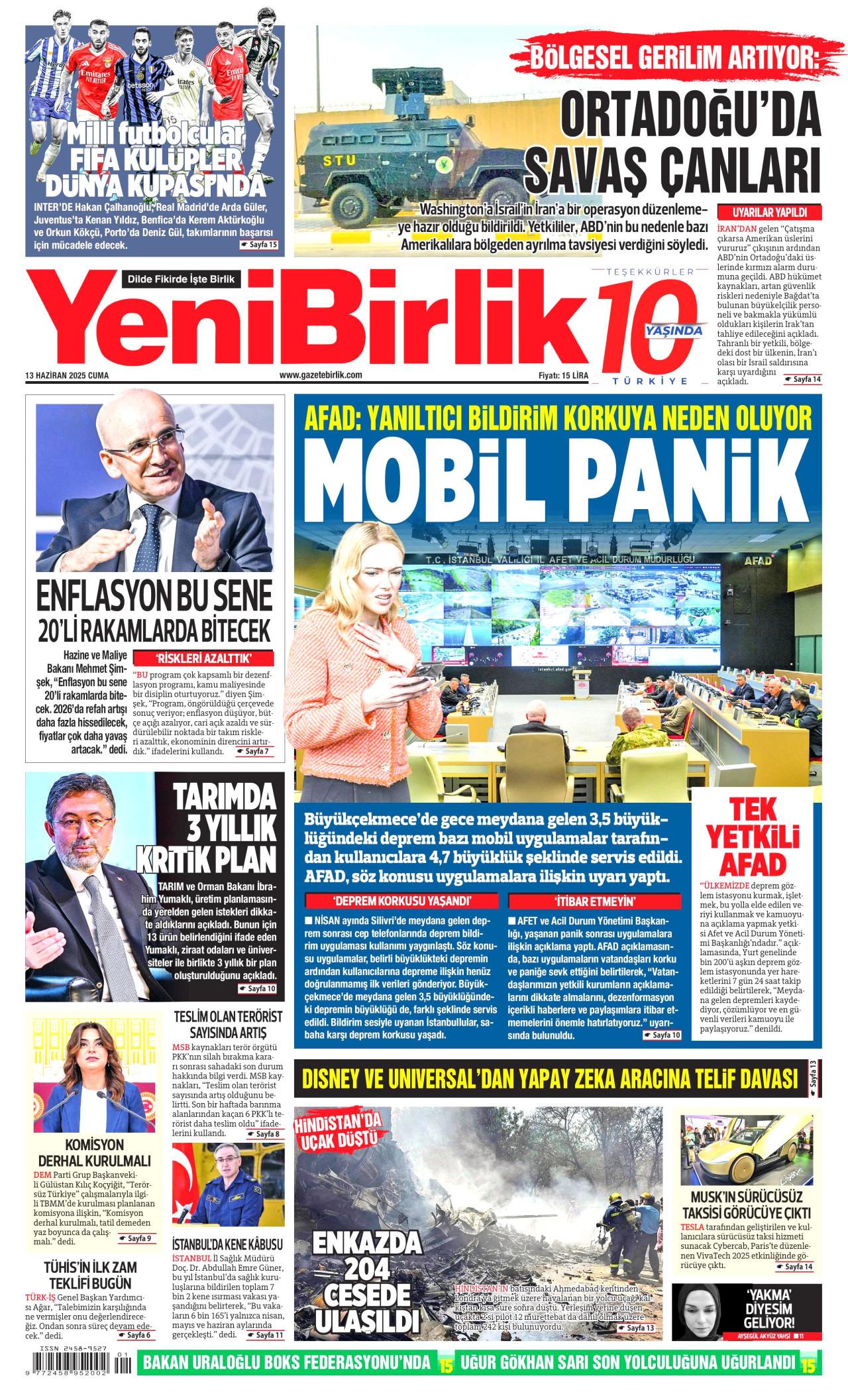 YENİBİRLİK gazetesinin 13 Haziran 2025 tarihli birinci sayfası