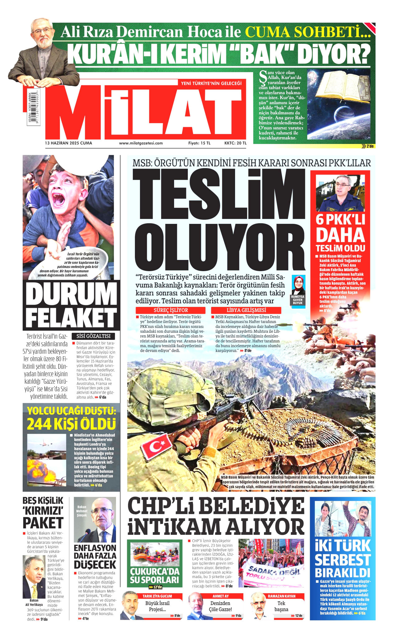 MİLAT gazetesinin 13 Haziran 2025 tarihli birinci sayfası