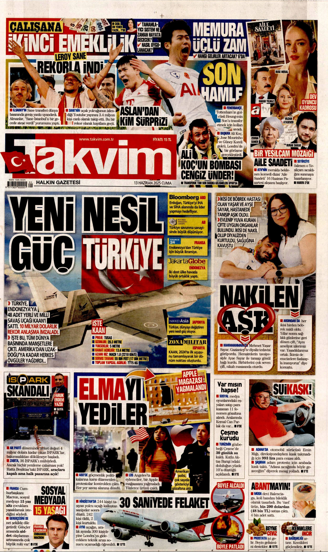 TAKVİM gazetesinin 13 Haziran 2025 tarihli birinci sayfası