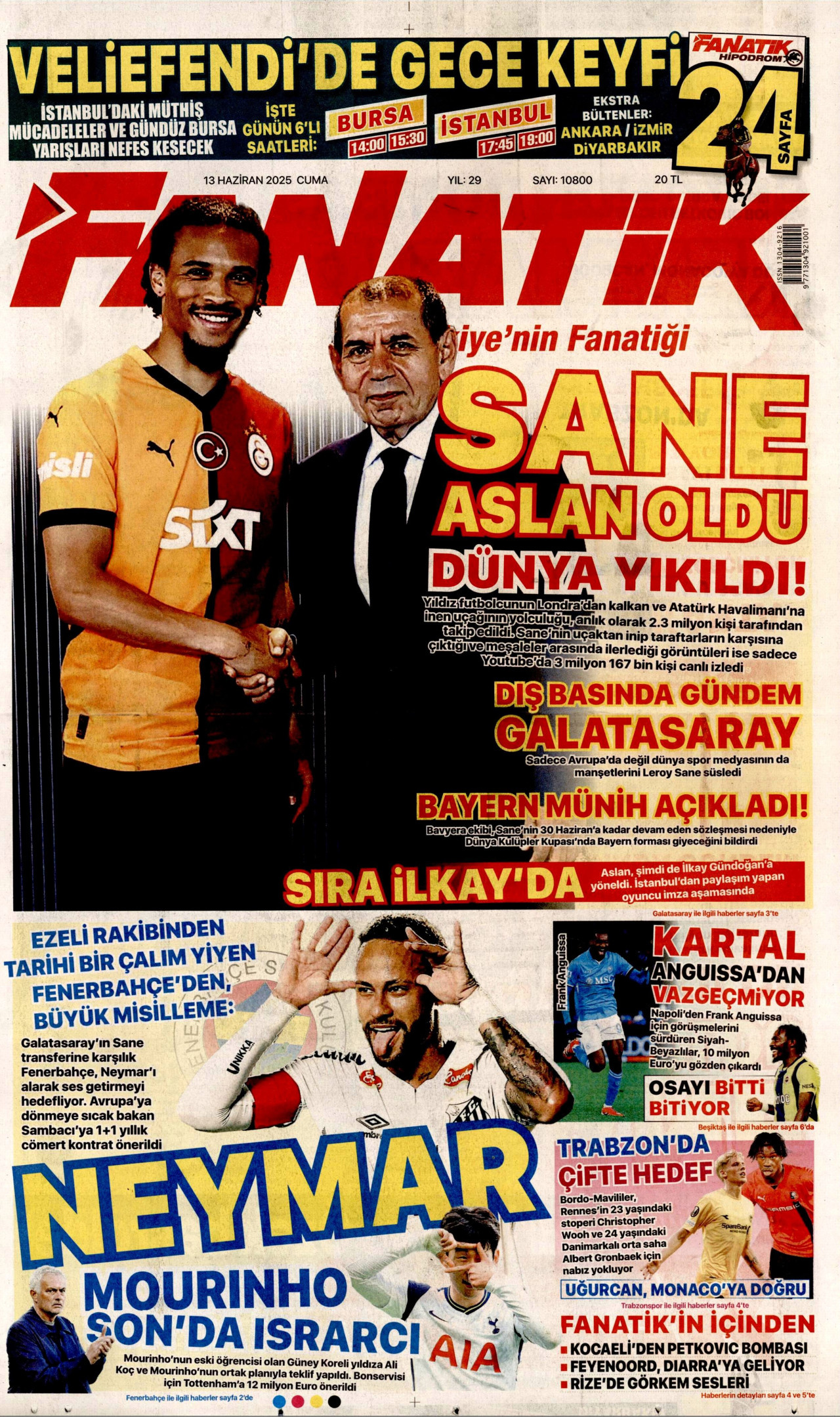 FANATİK gazetesinin 13 Haziran 2025 tarihli birinci sayfası