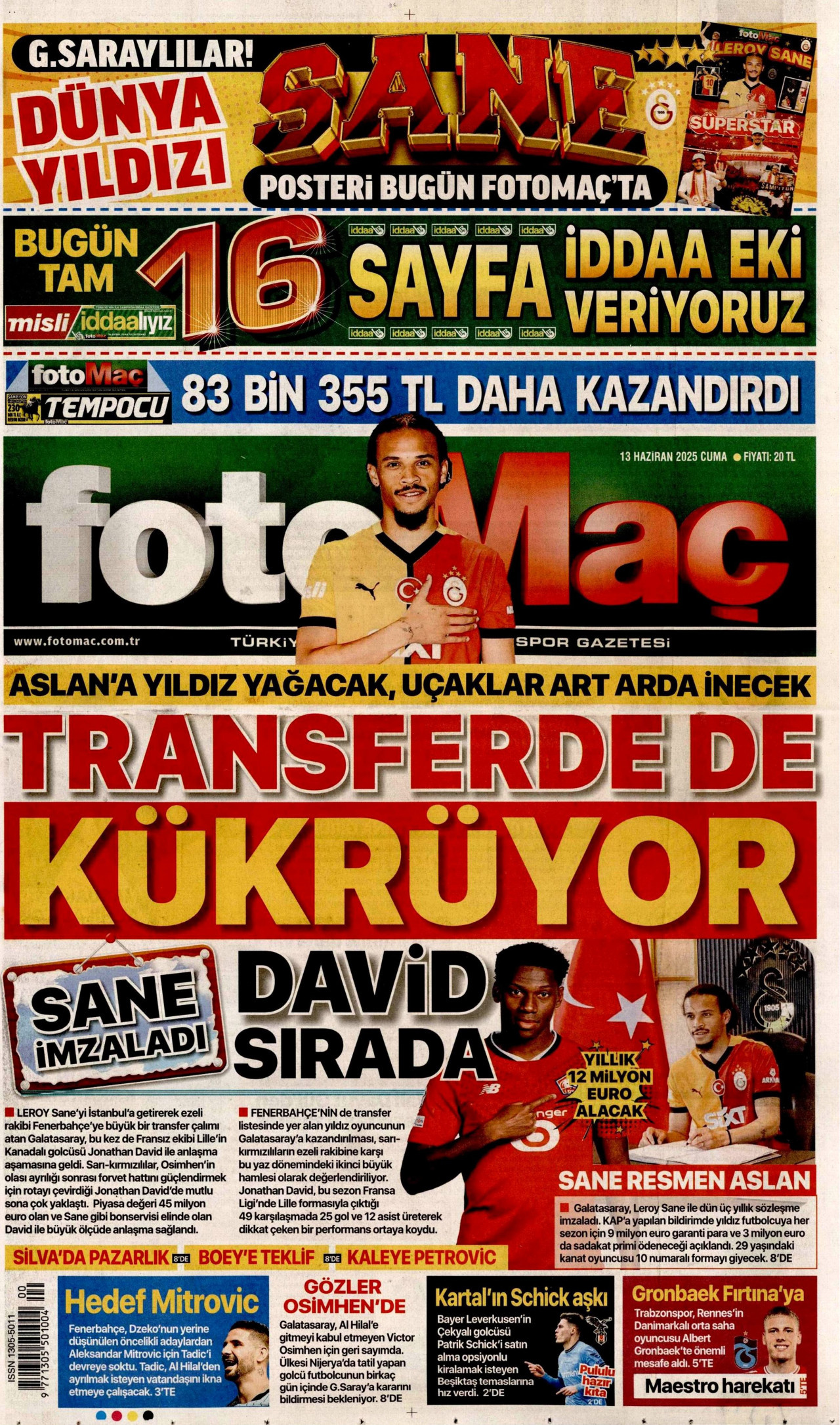 FOTOMAÇ gazetesinin 13 Haziran 2025 tarihli birinci sayfası