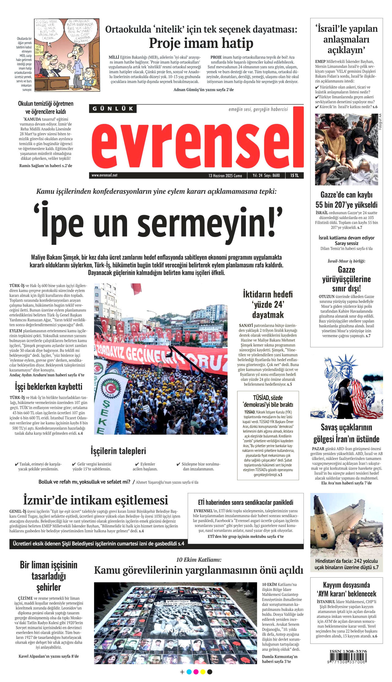 EVRENSEL gazetesinin 13 Haziran 2025 tarihli birinci sayfası