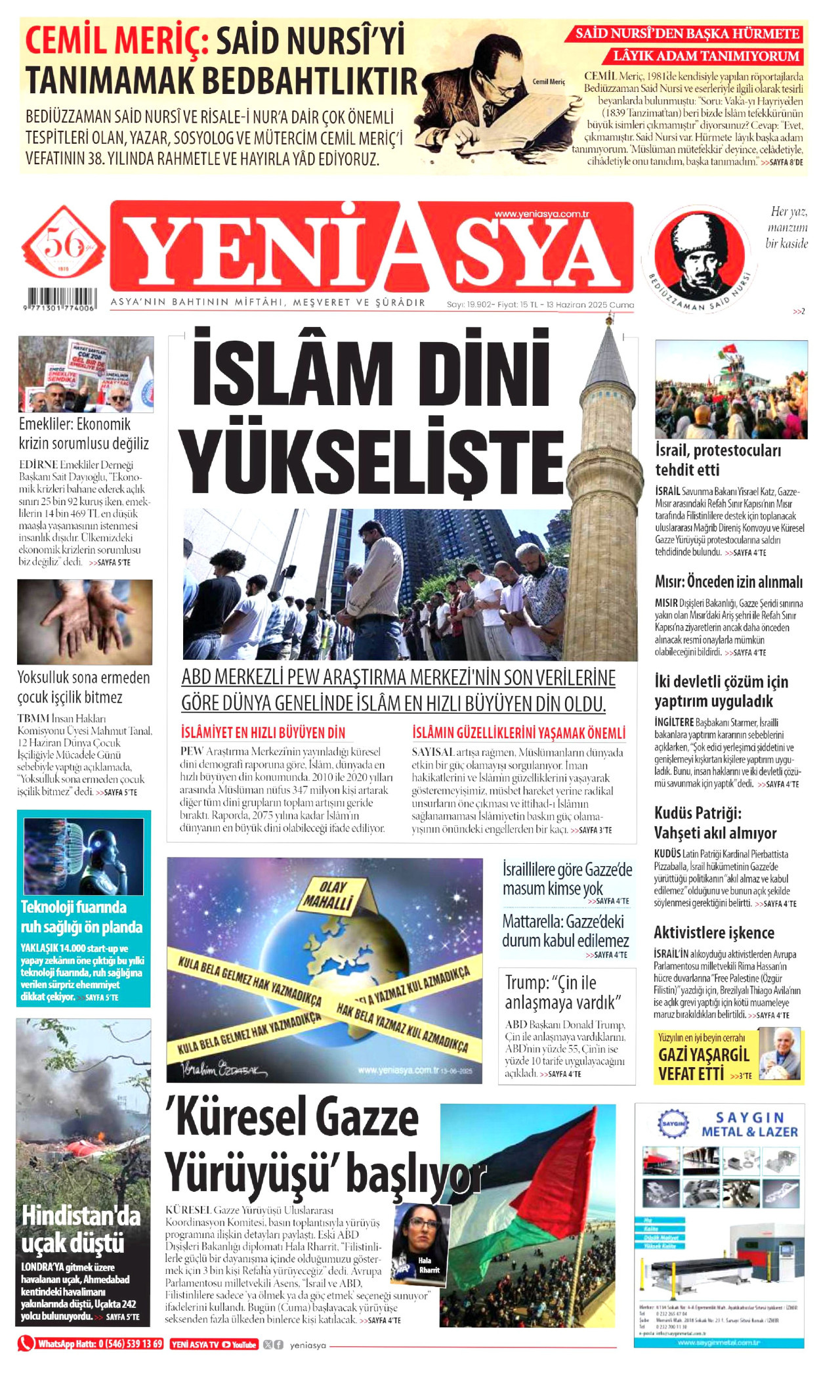 YENİ ASYA gazetesinin 13 Haziran 2025 tarihli birinci sayfası