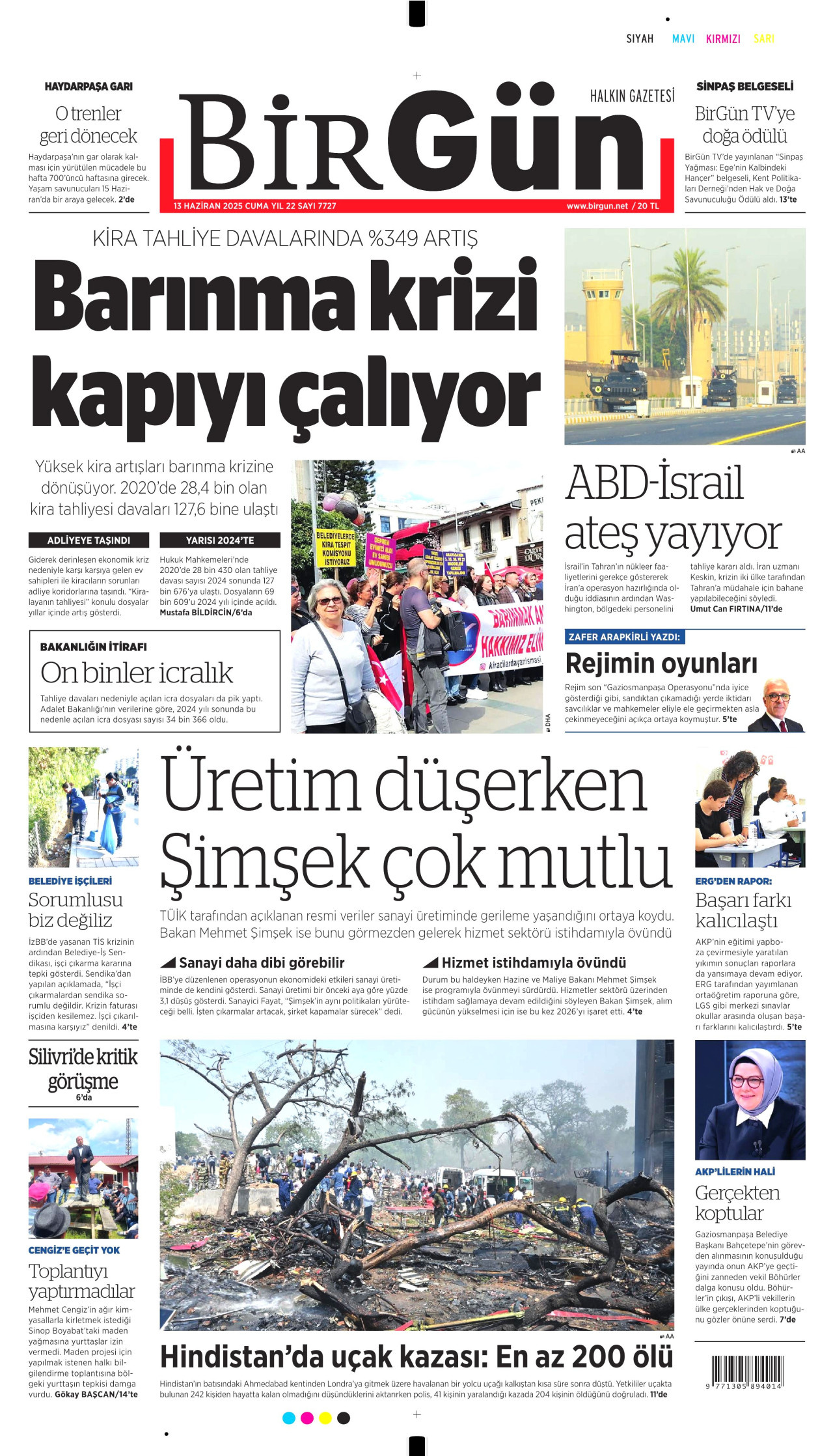 BİRGÜN gazetesinin 13 Haziran 2025 tarihli birinci sayfası
