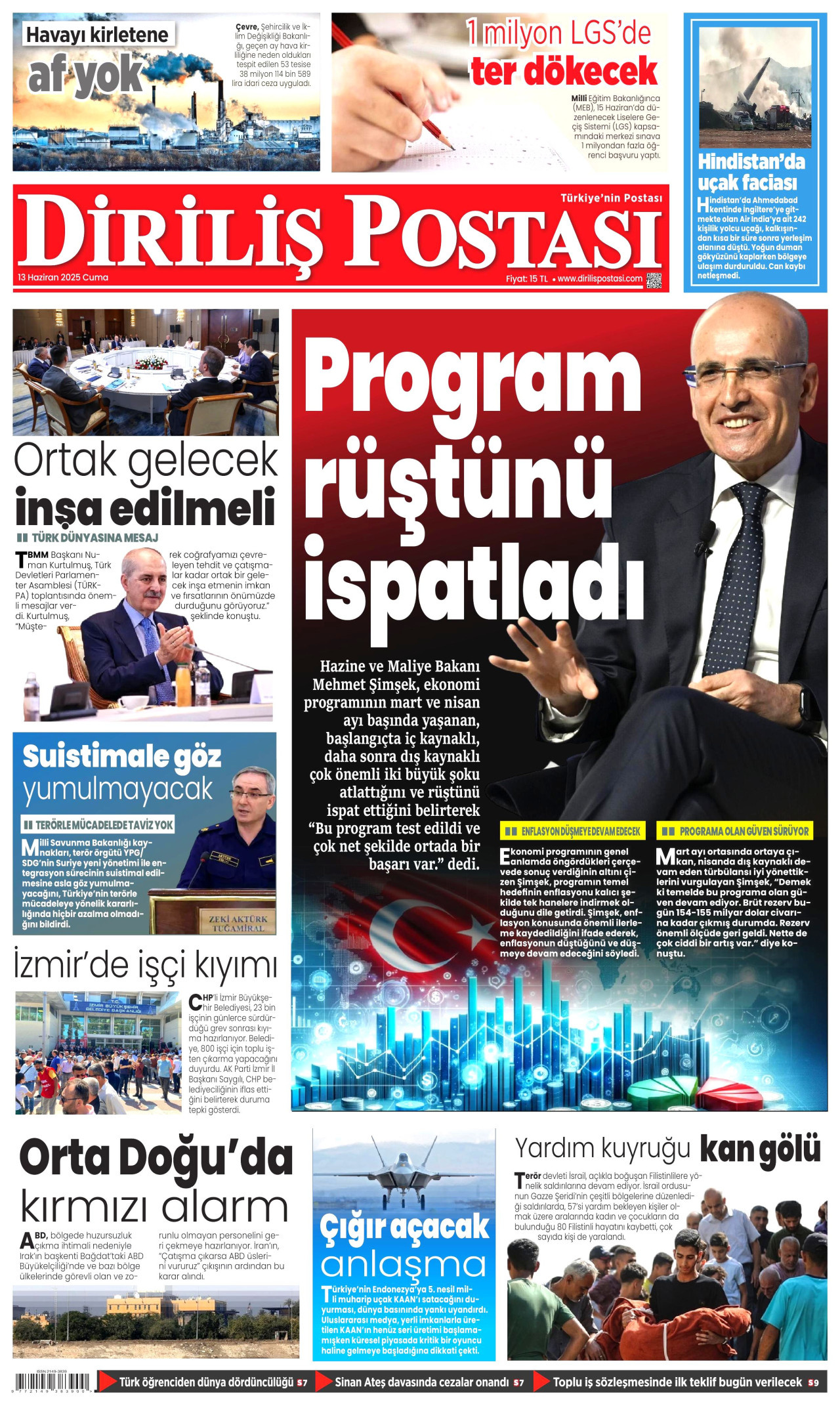 DİRİLİŞ POSTASI gazetesinin 13 Haziran 2025 tarihli birinci sayfası