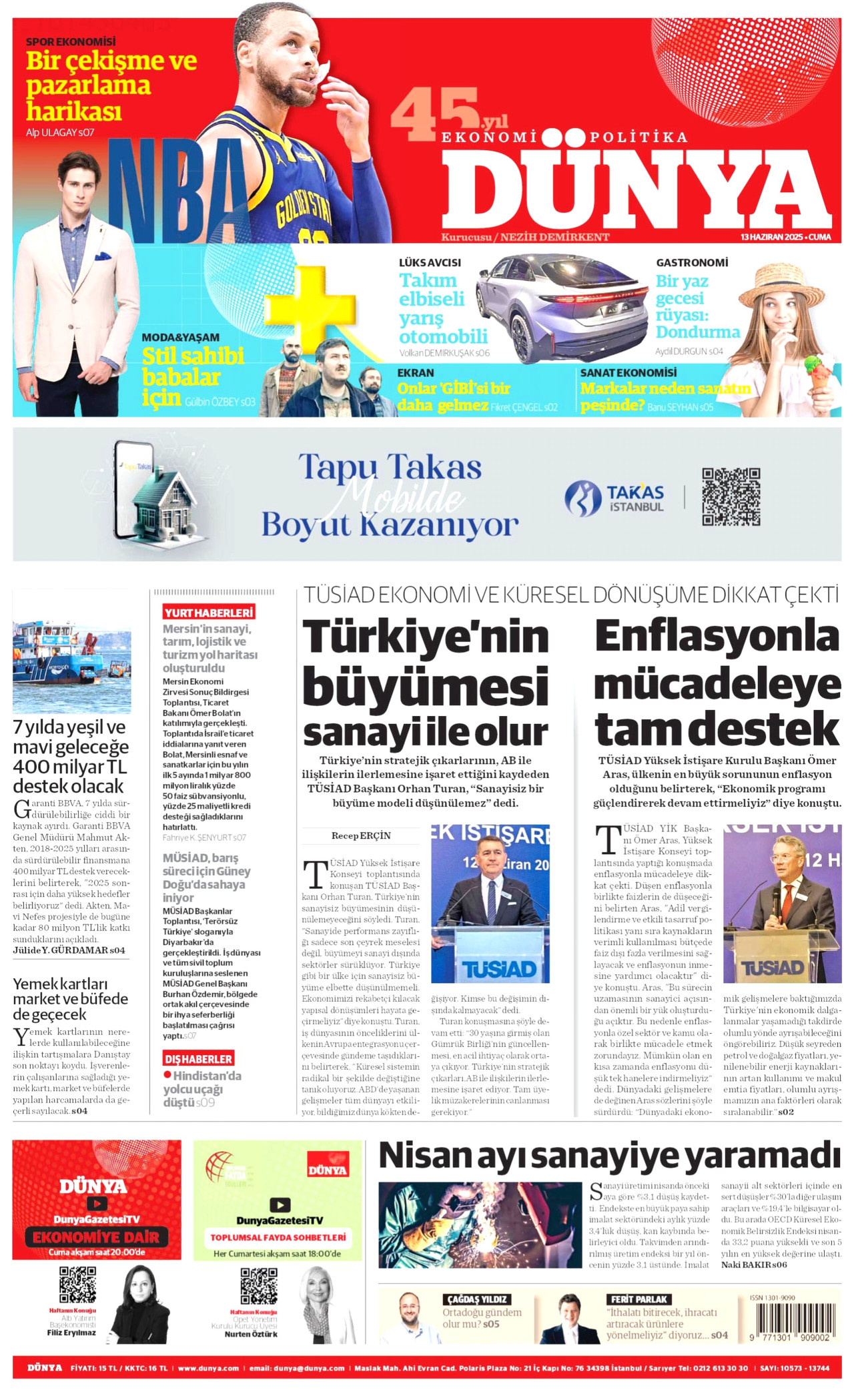 DÜNYA gazetesinin 13 Haziran 2025 tarihli birinci sayfası