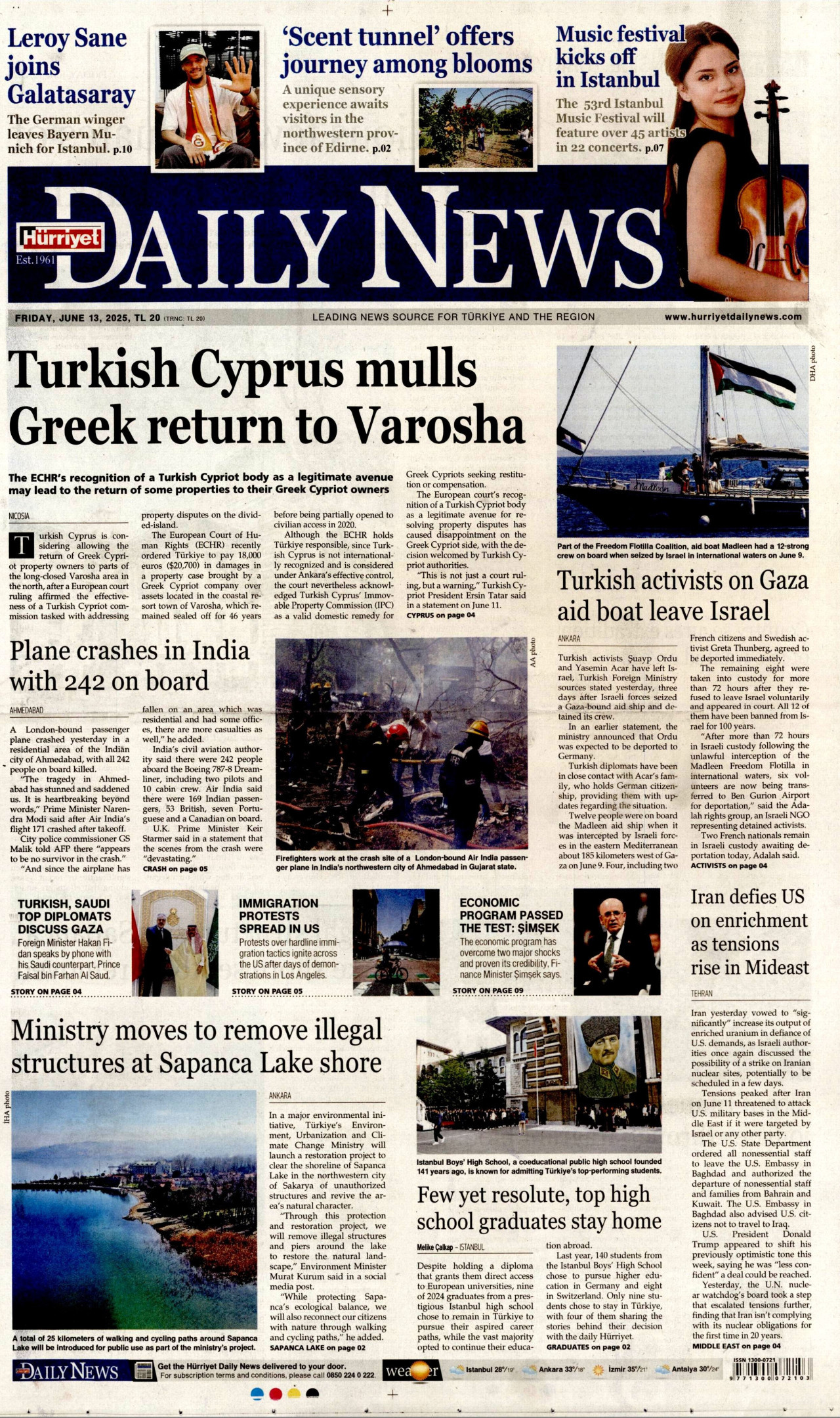 HÜRRİYET DAİLY NEWS gazetesinin 13 Haziran 2025 tarihli birinci sayfası
