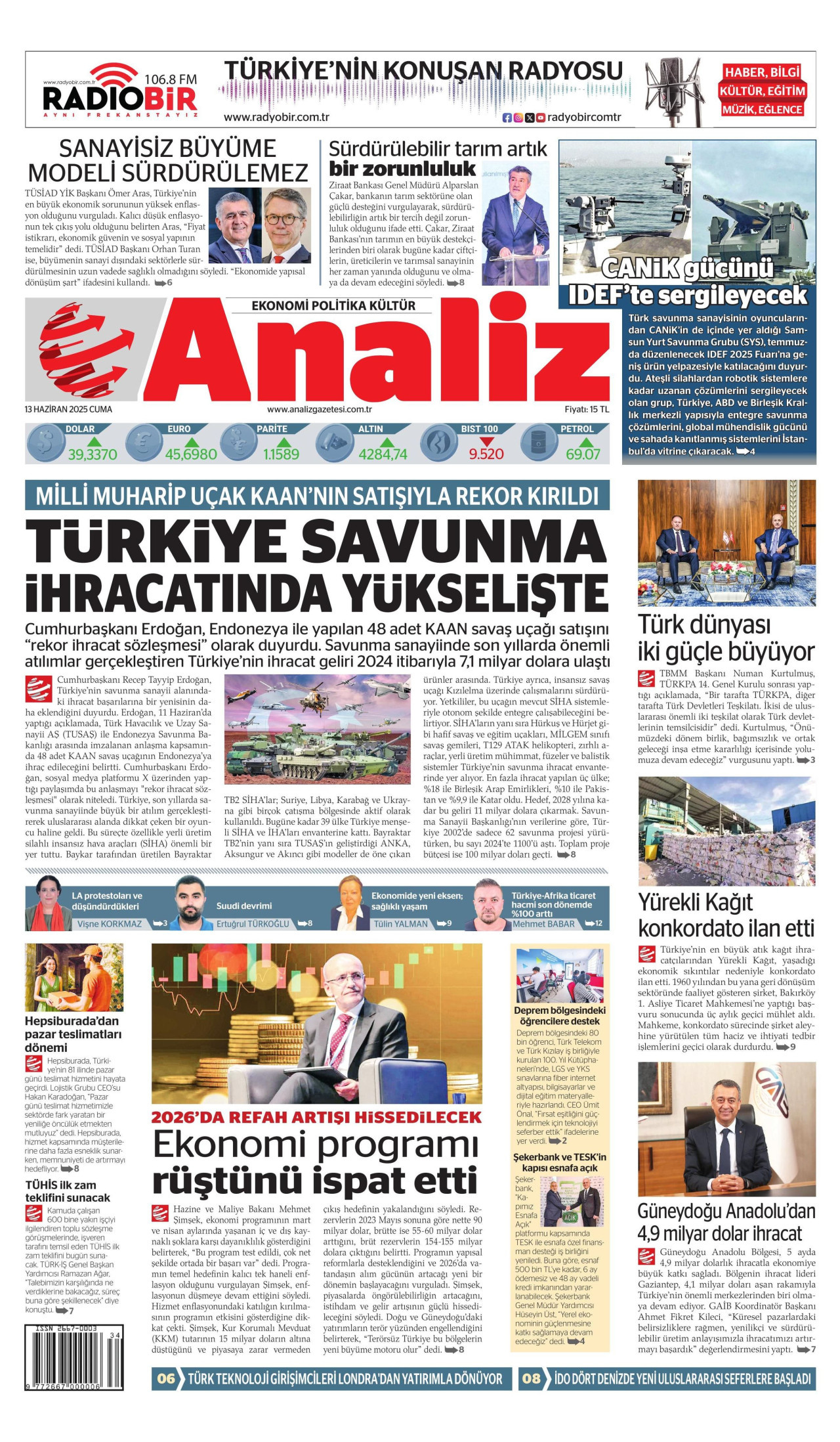 ANALİZ gazetesinin 13 Haziran 2025 tarihli birinci sayfası