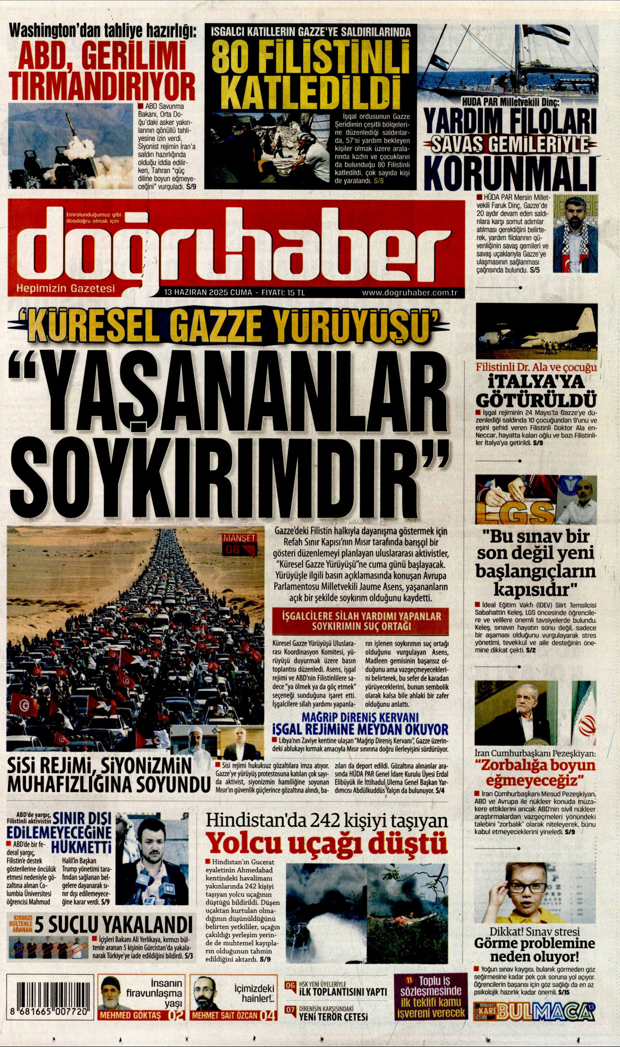 DOĞRU HABER gazetesinin 13 Haziran 2025 tarihli birinci sayfası