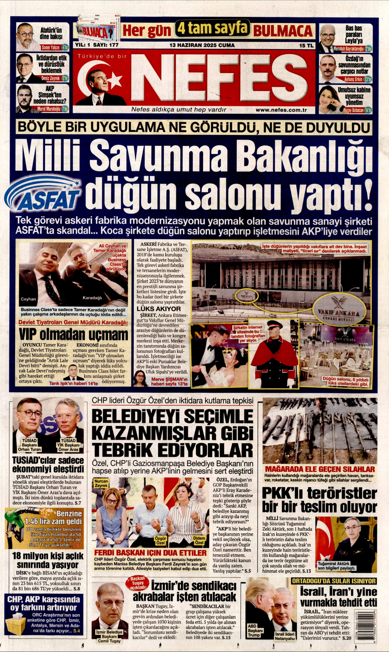 NEFES gazetesinin 13 Haziran 2025 tarihli birinci sayfası