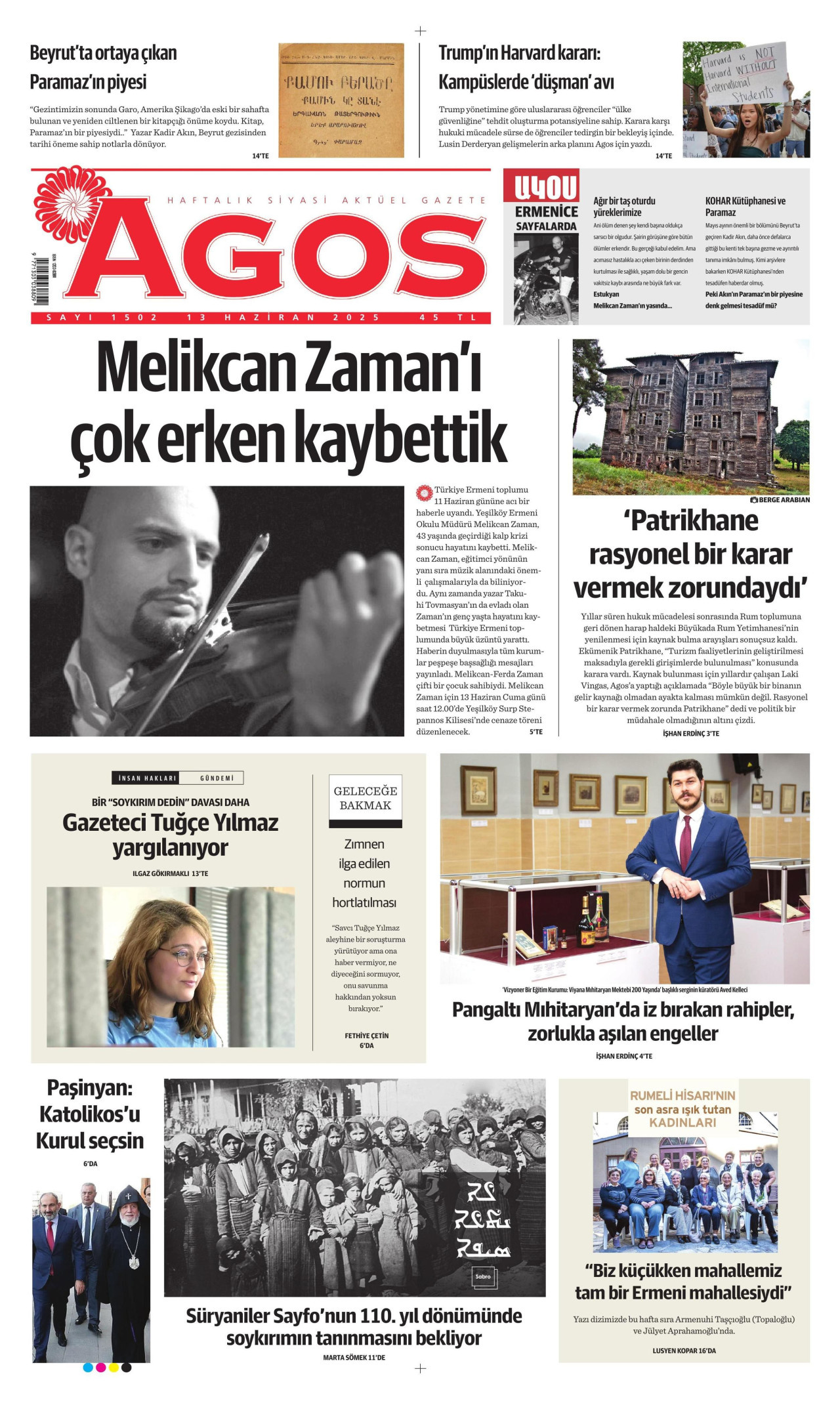 AGOS gazetesinin 13 Haziran 2025 tarihli birinci sayfası