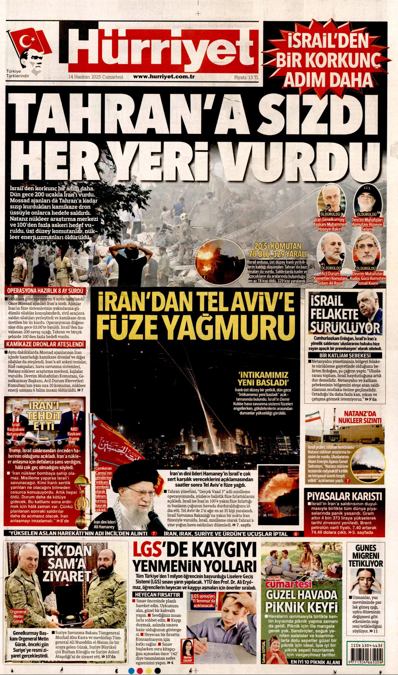 HÜRRİYET gazetesinin 14 Haziran 2025 tarihli birinci sayfası