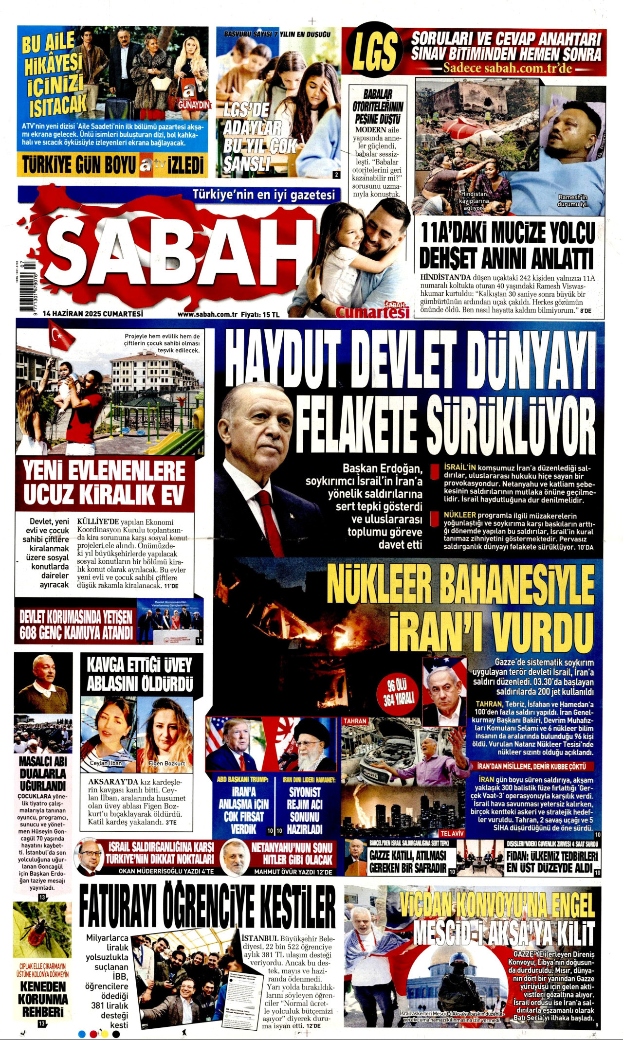 SABAH gazetesinin 14 Haziran 2025 tarihli birinci sayfası