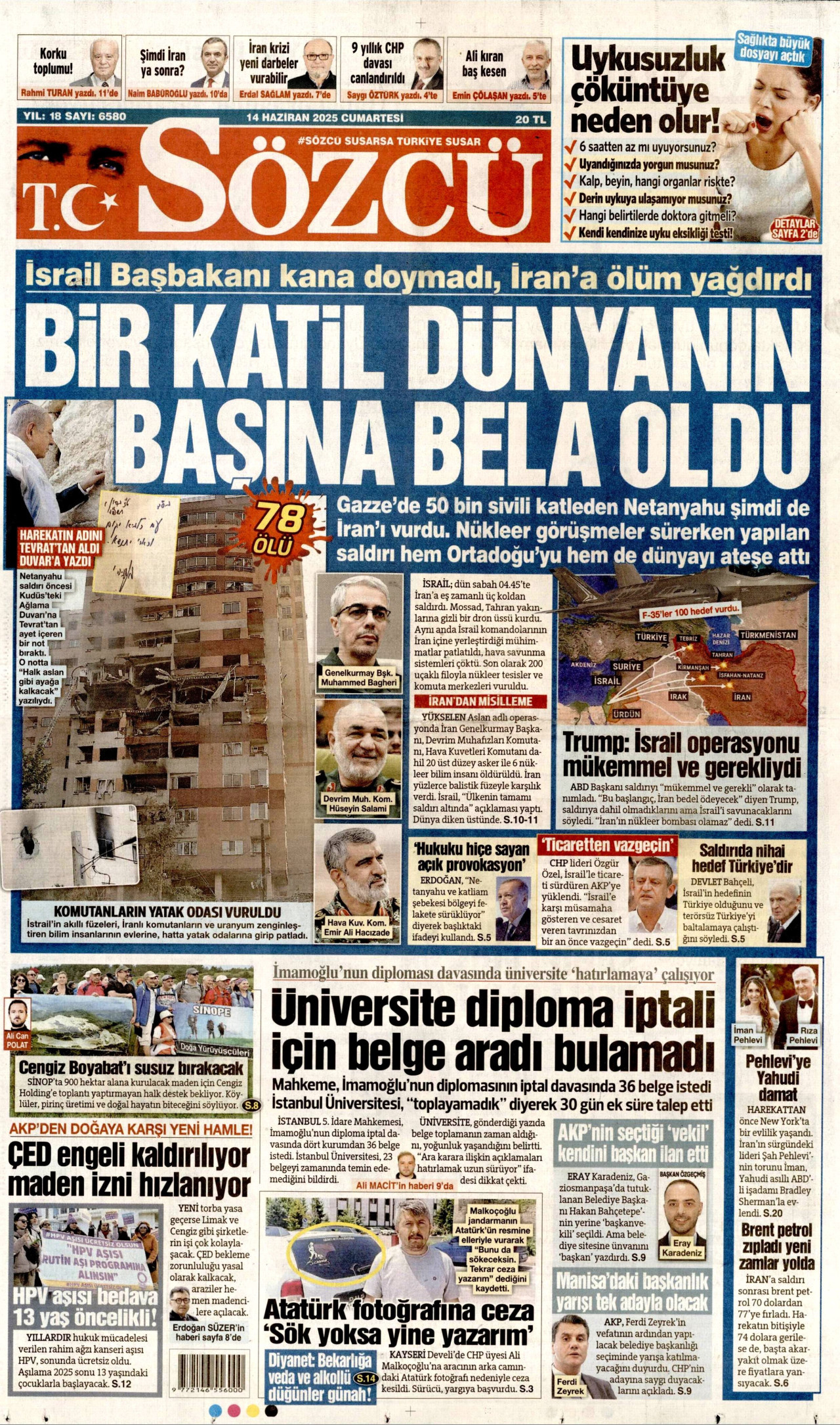 SÖZCÜ gazetesinin 14 Haziran 2025 tarihli birinci sayfası