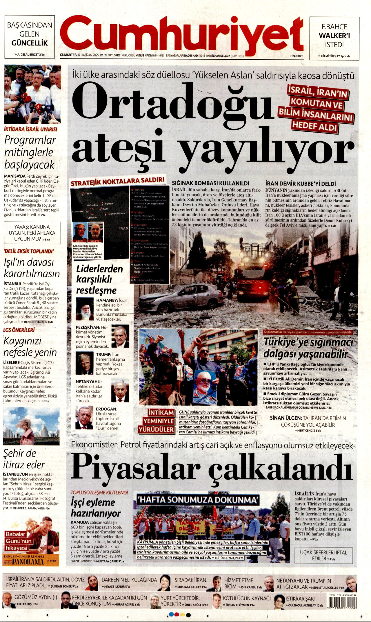 CUMHURİYET gazetesinin 14 Haziran 2025 tarihli birinci sayfası