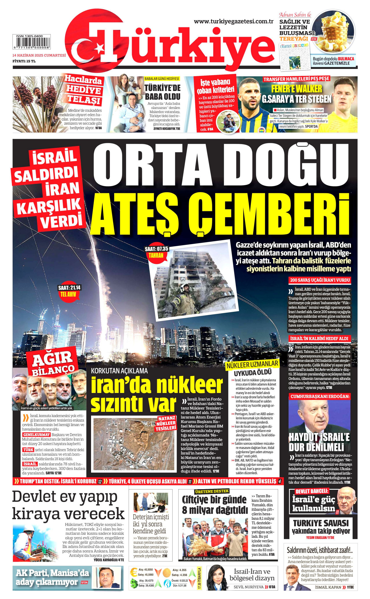 TÜRKİYE GAZETESİ gazetesinin 14 Haziran 2025 tarihli birinci sayfası