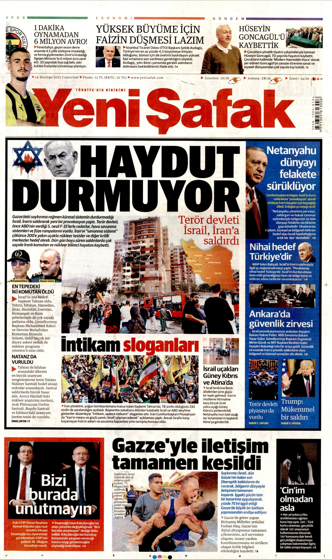 YENİ ŞAFAK gazetesinin 14 Haziran 2025 tarihli birinci sayfası