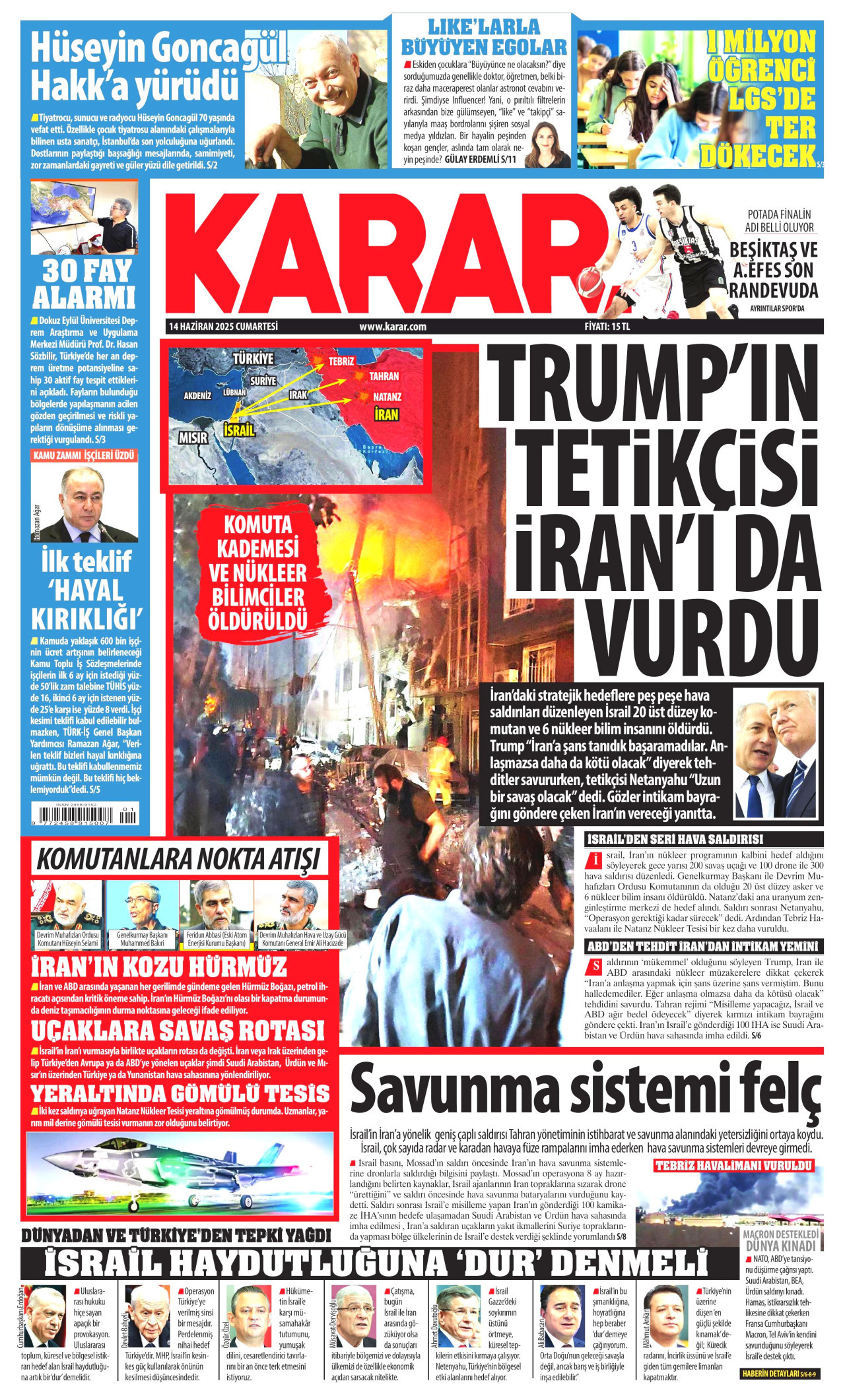 KARAR gazetesinin 14 Haziran 2025 tarihli birinci sayfası