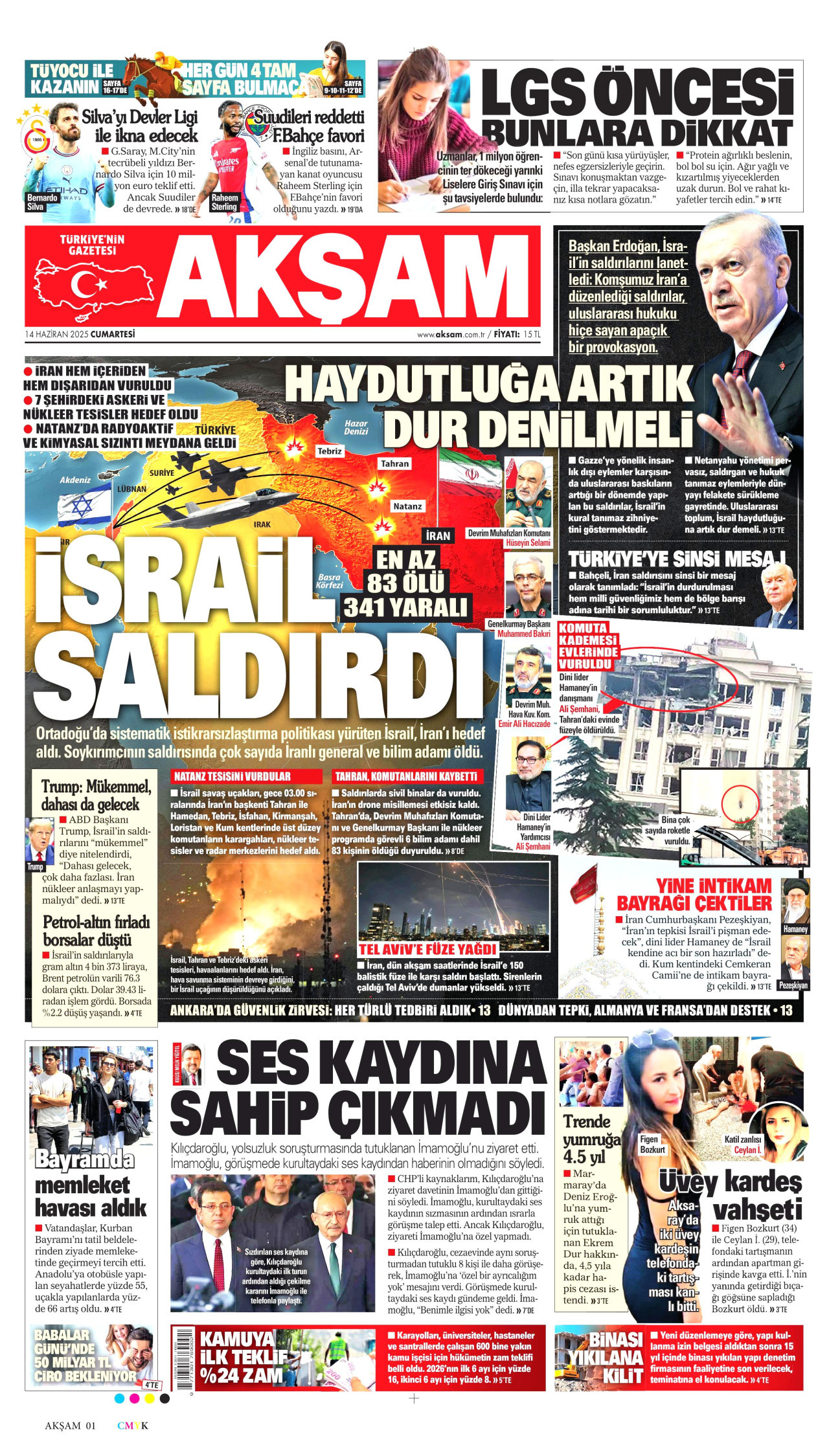 AKŞAM gazetesinin 14 Haziran 2025 tarihli birinci sayfası