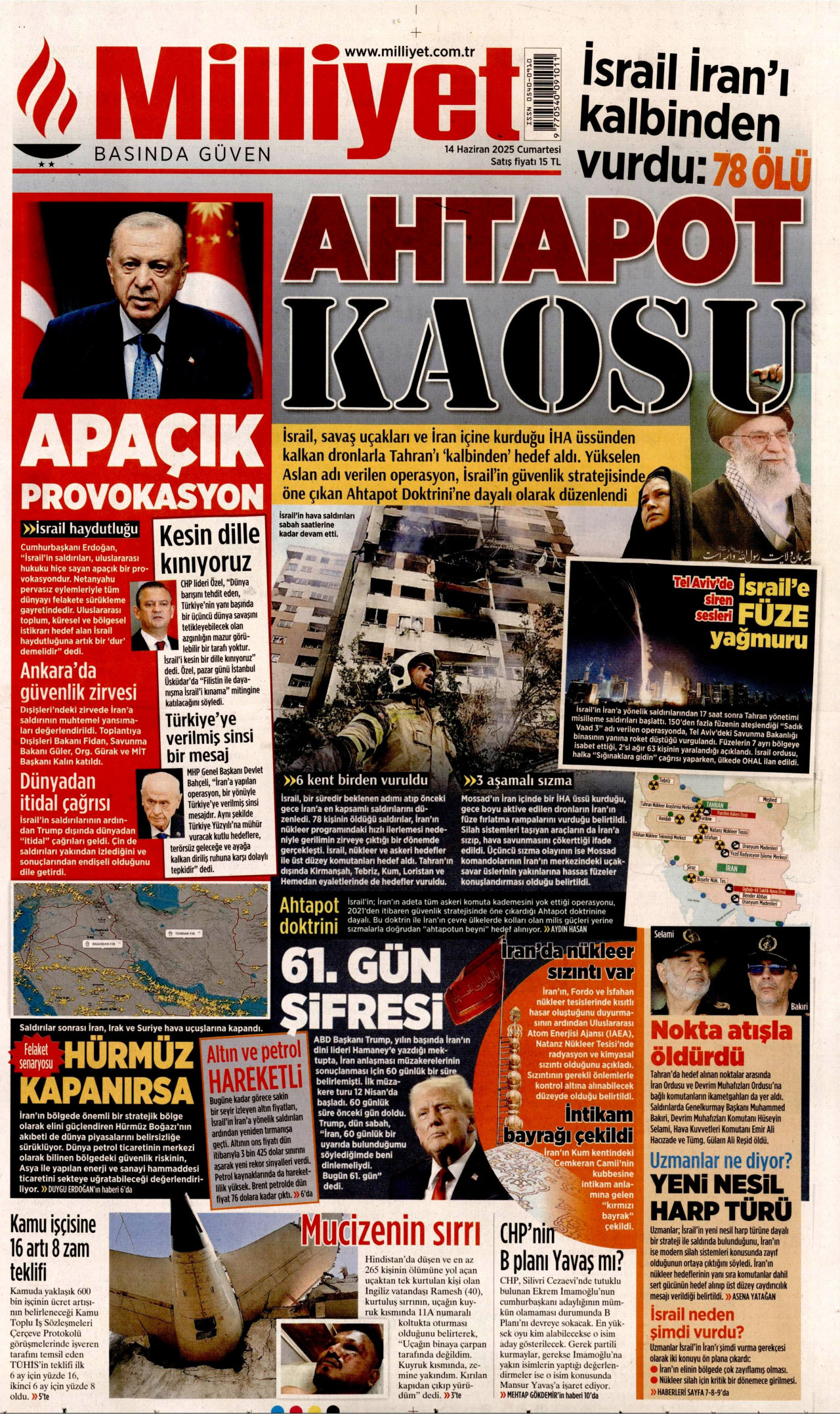 MİLLİYET gazetesinin 14 Haziran 2025 tarihli birinci sayfası