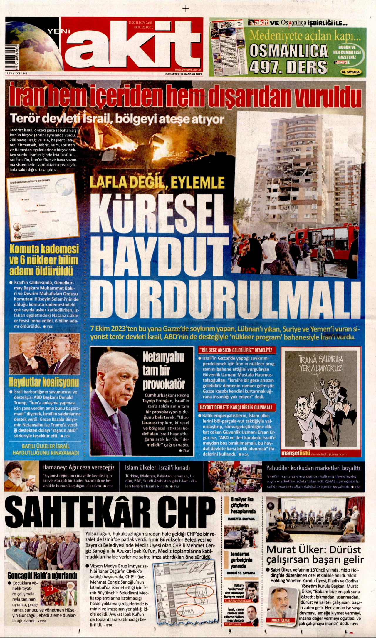 YENİ AKİT gazetesinin 14 Haziran 2025 tarihli birinci sayfası