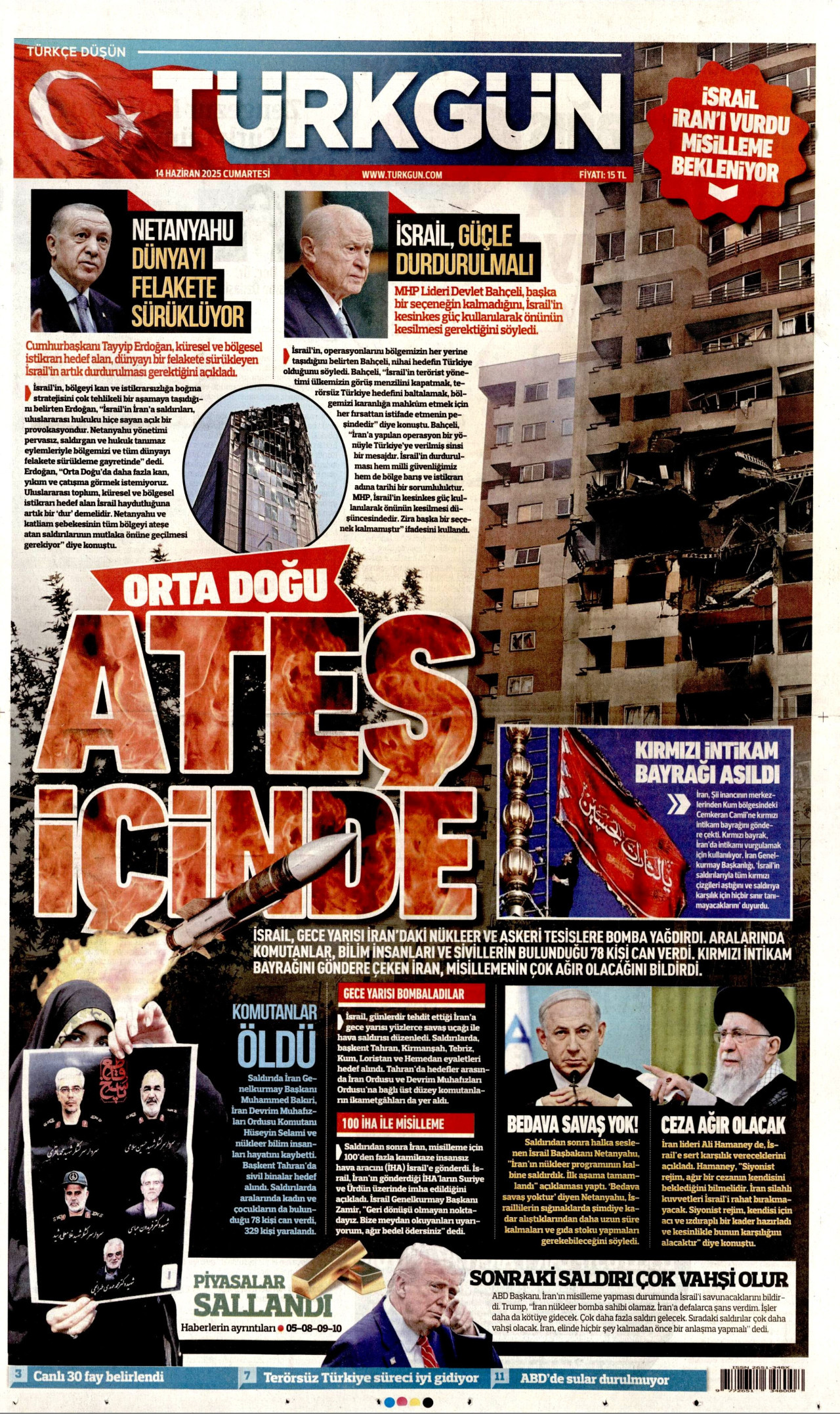 TÜRKGÜN gazetesinin 14 Haziran 2025 tarihli birinci sayfası