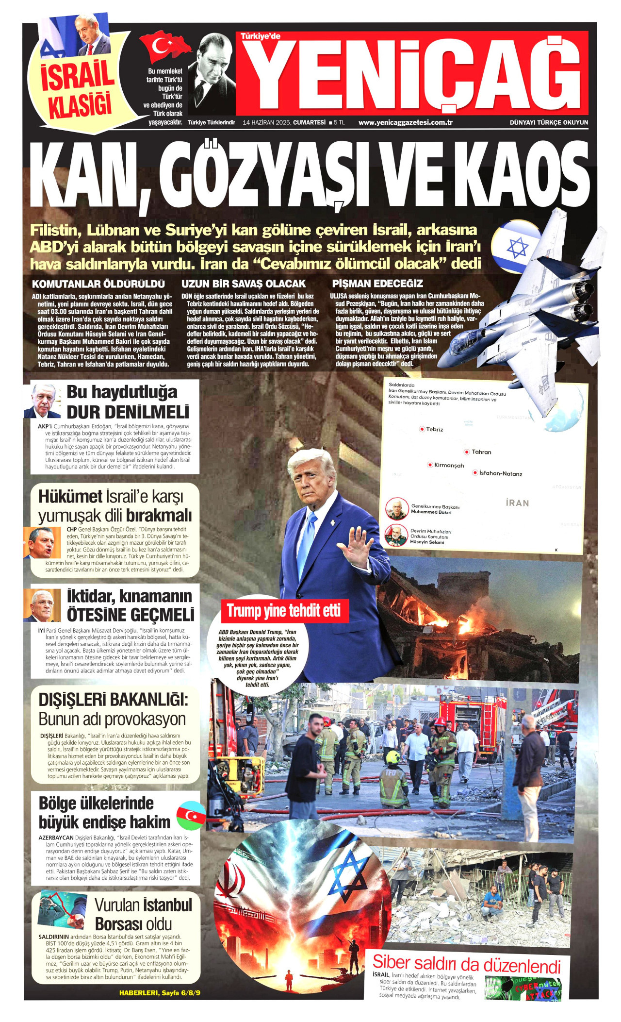YENİÇAĞ gazetesinin 14 Haziran 2025 tarihli birinci sayfası