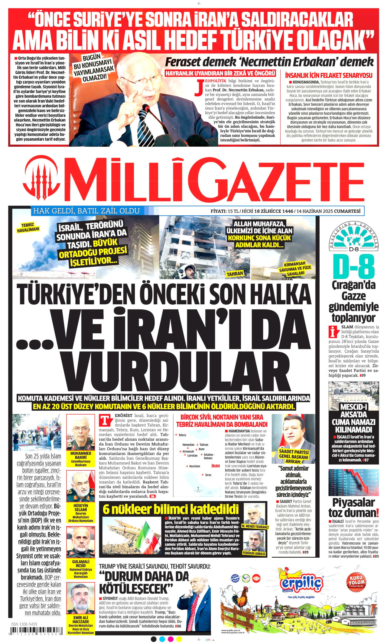 MİLLİ GAZETE gazetesinin 14 Haziran 2025 tarihli birinci sayfası