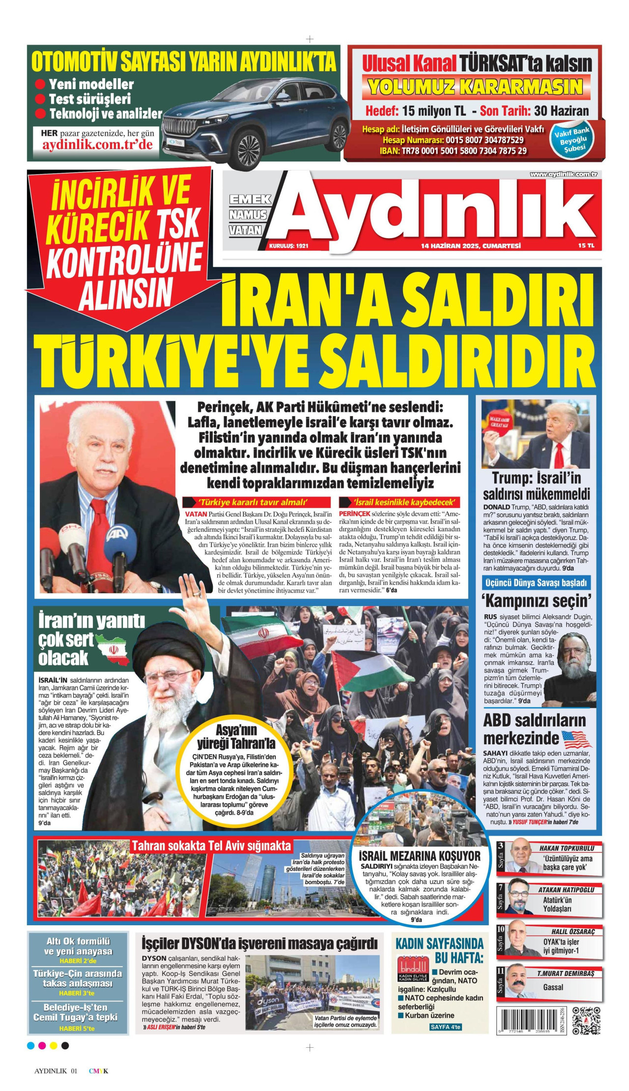AYDINLIK GAZETESİ gazetesinin 14 Haziran 2025 tarihli birinci sayfası