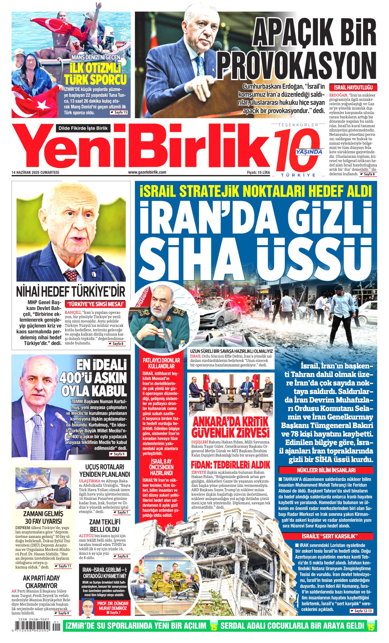 YENİBİRLİK gazetesinin 14 Haziran 2025 tarihli birinci sayfası