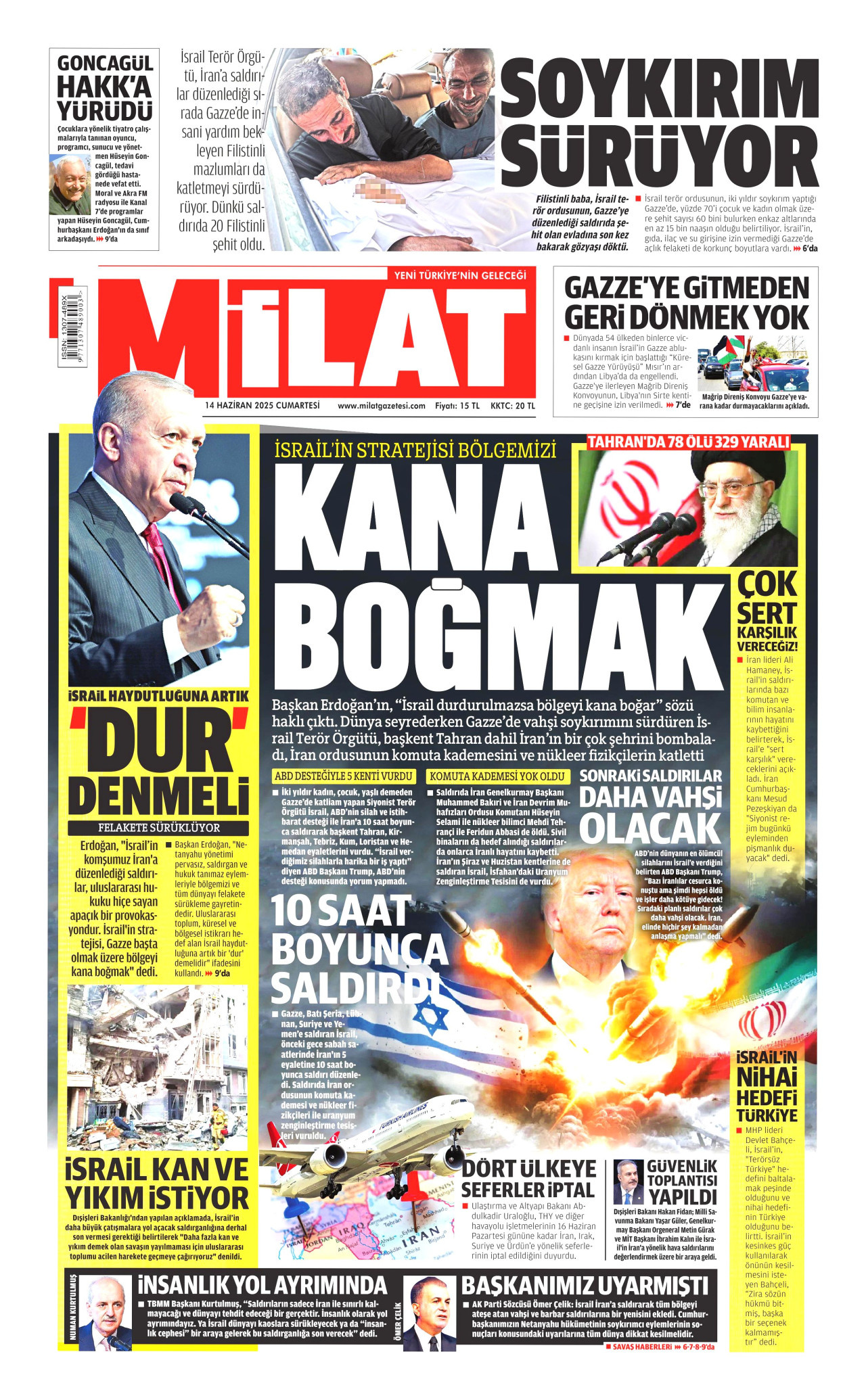 MİLAT gazetesinin 14 Haziran 2025 tarihli birinci sayfası