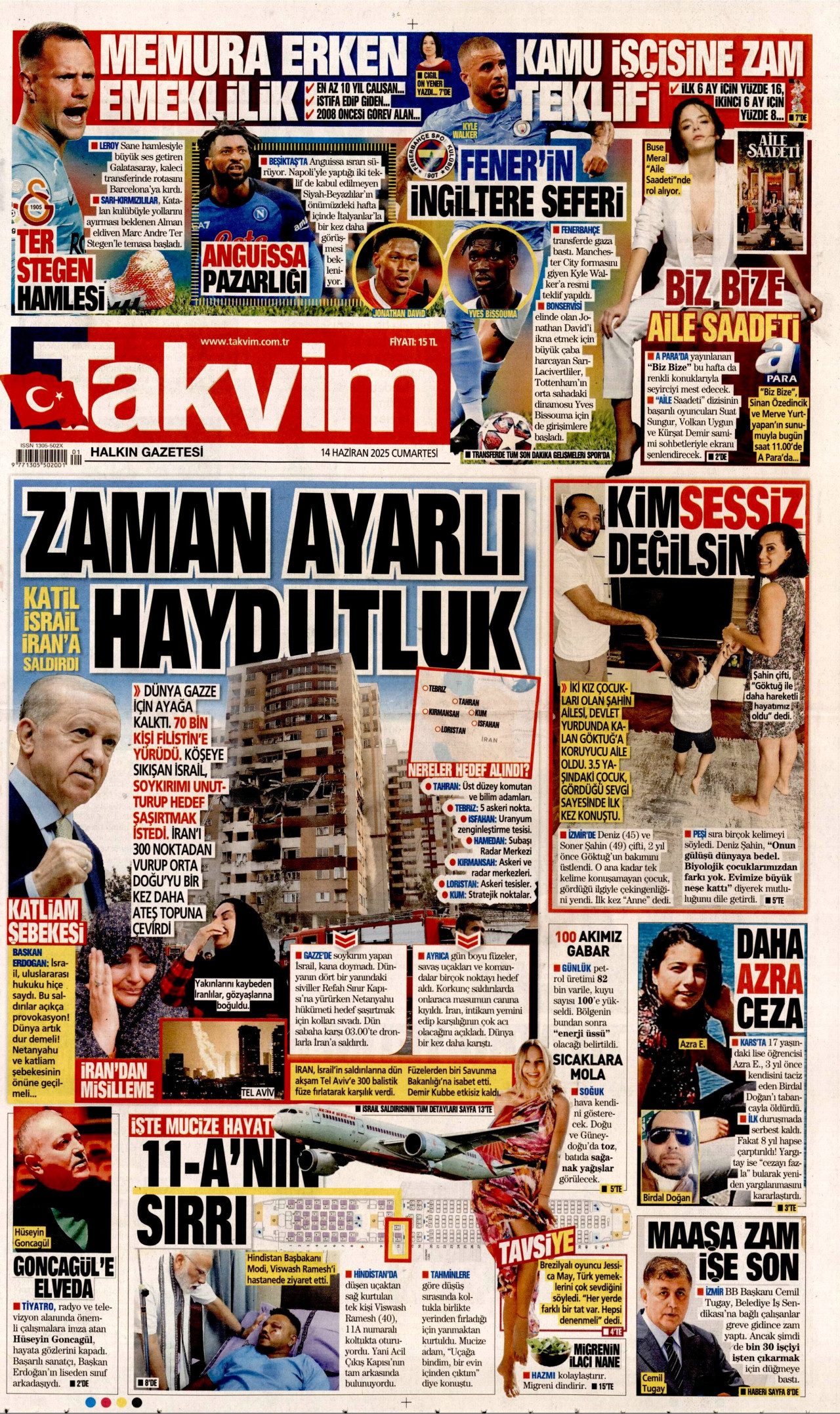 TAKVİM gazetesinin 14 Haziran 2025 tarihli birinci sayfası
