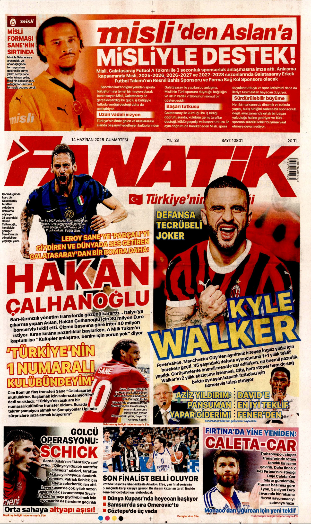 FANATİK gazetesinin 14 Haziran 2025 tarihli birinci sayfası