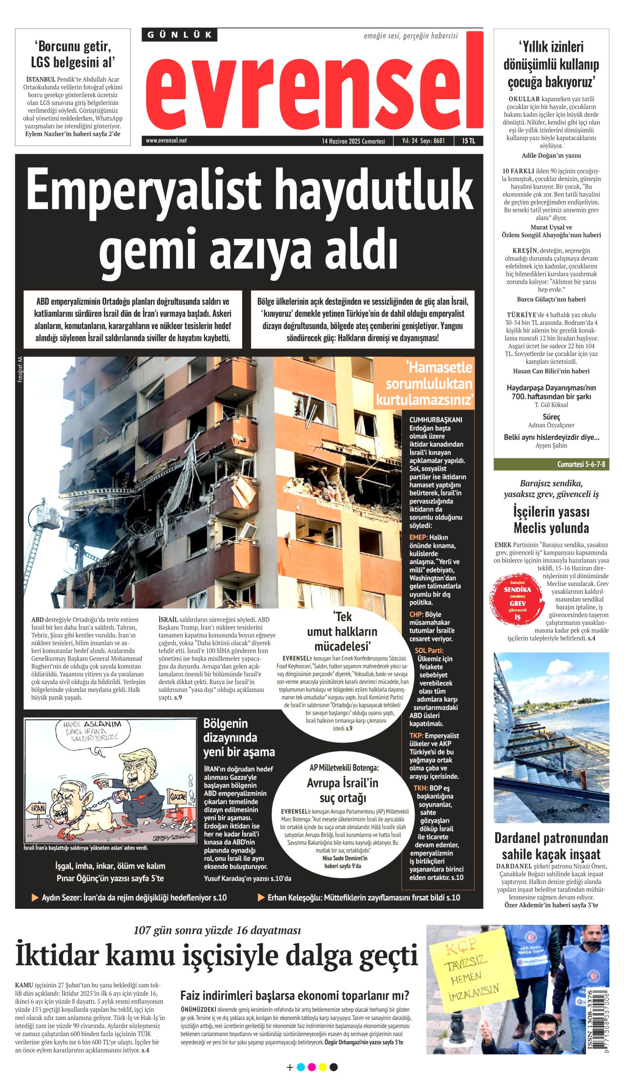 EVRENSEL gazetesinin 14 Haziran 2025 tarihli birinci sayfası