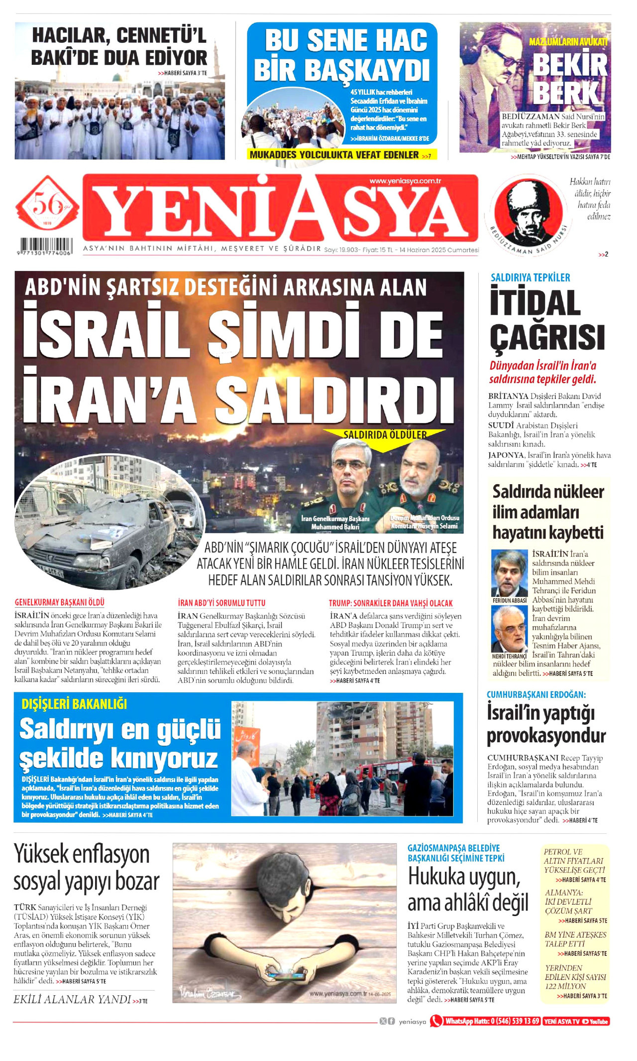 YENİ ASYA gazetesinin 14 Haziran 2025 tarihli birinci sayfası