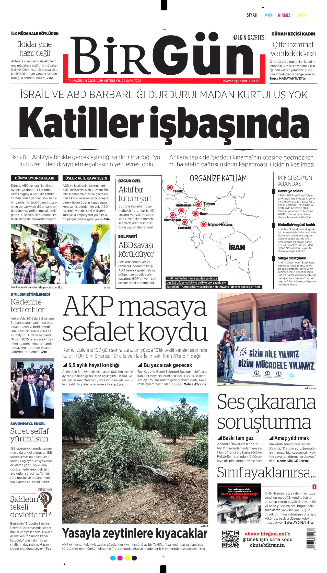 BİRGÜN gazetesinin 14 Haziran 2025 tarihli birinci sayfası