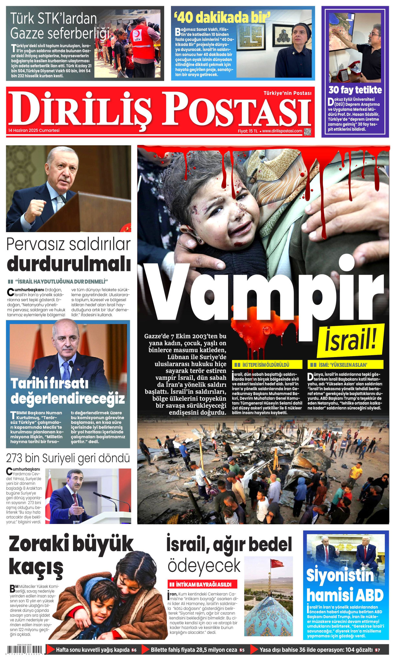 DİRİLİŞ POSTASI gazetesinin 14 Haziran 2025 tarihli birinci sayfası