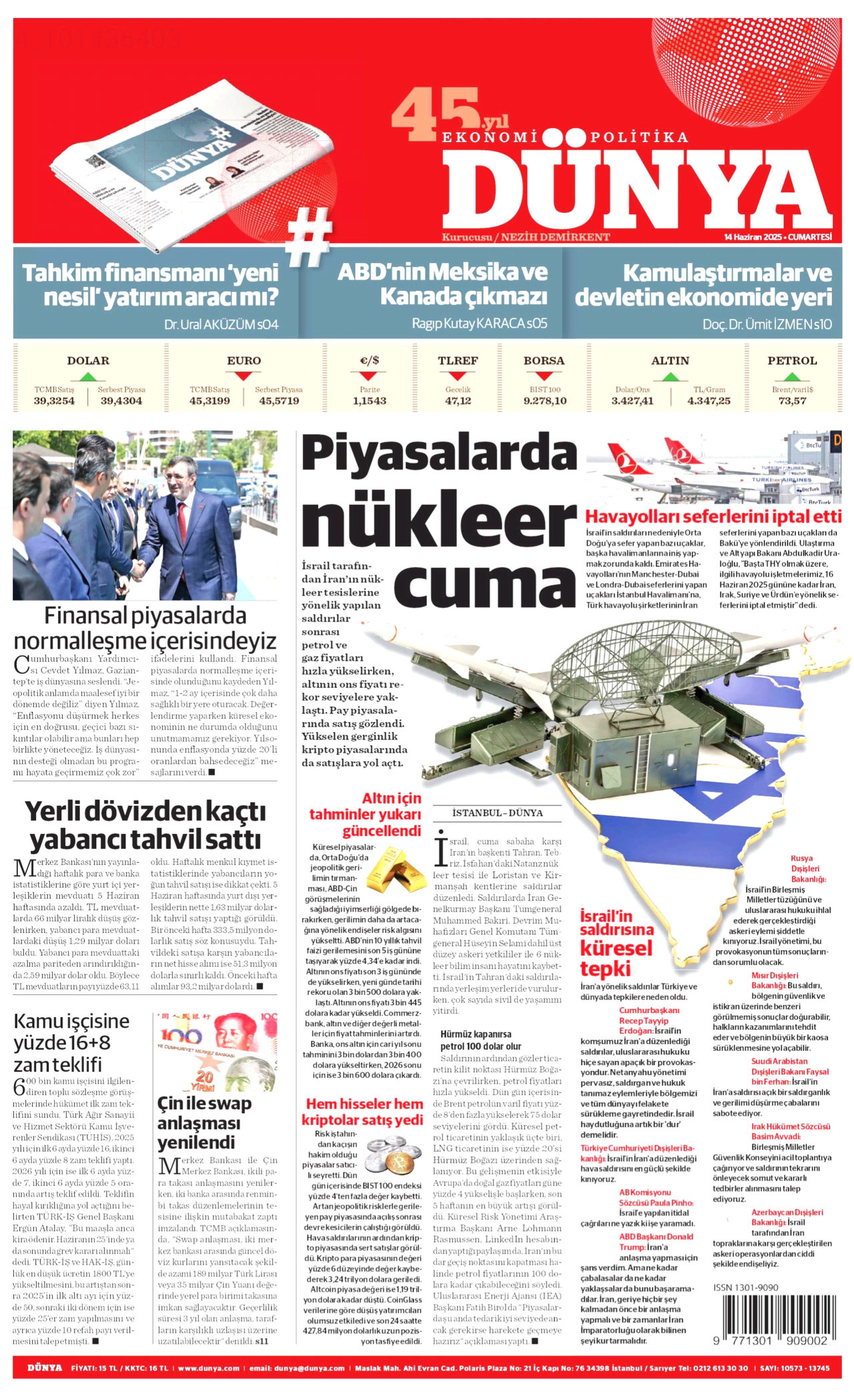 DÜNYA gazetesinin 14 Haziran 2025 tarihli birinci sayfası