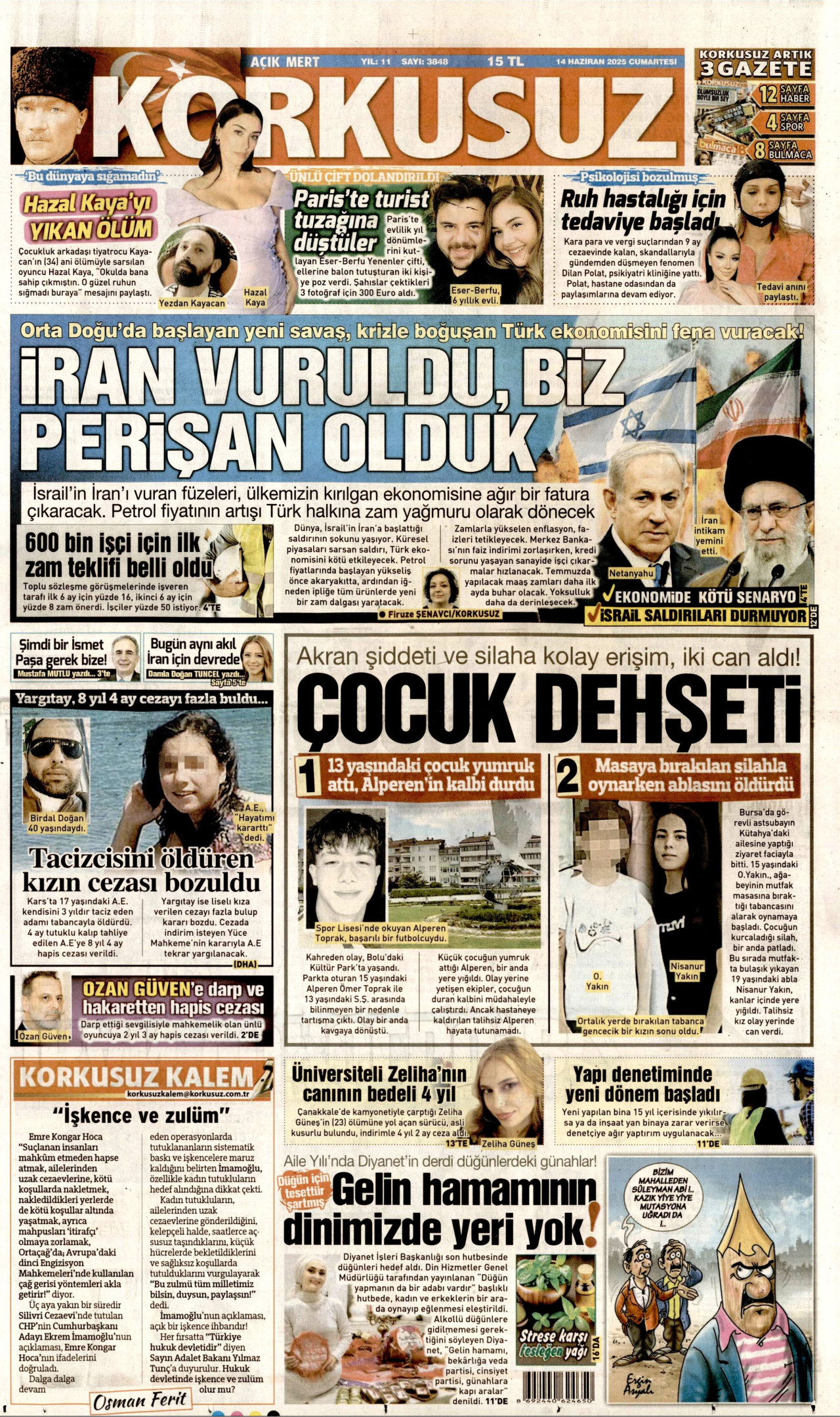KORKUSUZ gazetesinin 14 Haziran 2025 tarihli birinci sayfası