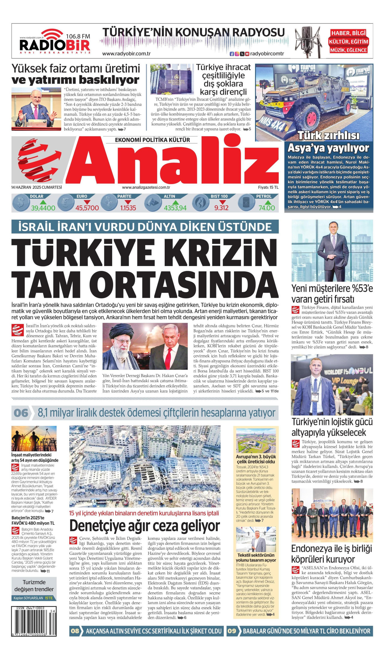 ANALİZ gazetesinin 14 Haziran 2025 tarihli birinci sayfası