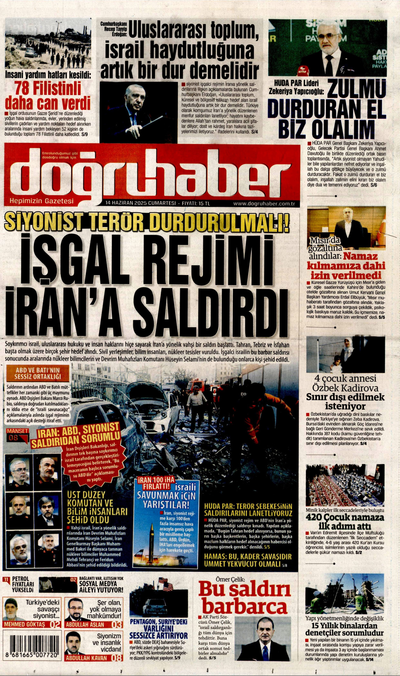 DOĞRU HABER gazetesinin 14 Haziran 2025 tarihli birinci sayfası