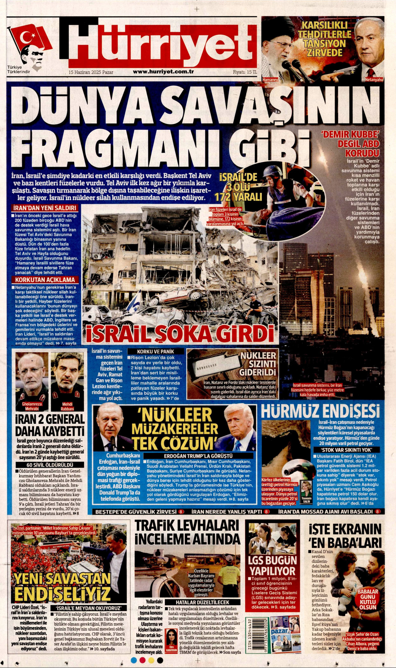 HÜRRİYET gazetesinin 15 Haziran 2025 tarihli birinci sayfası