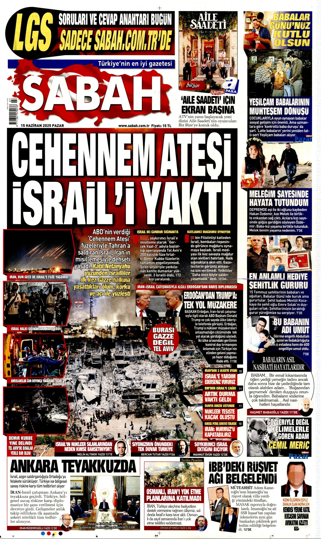 SABAH gazetesinin 15 Haziran 2025 tarihli birinci sayfası