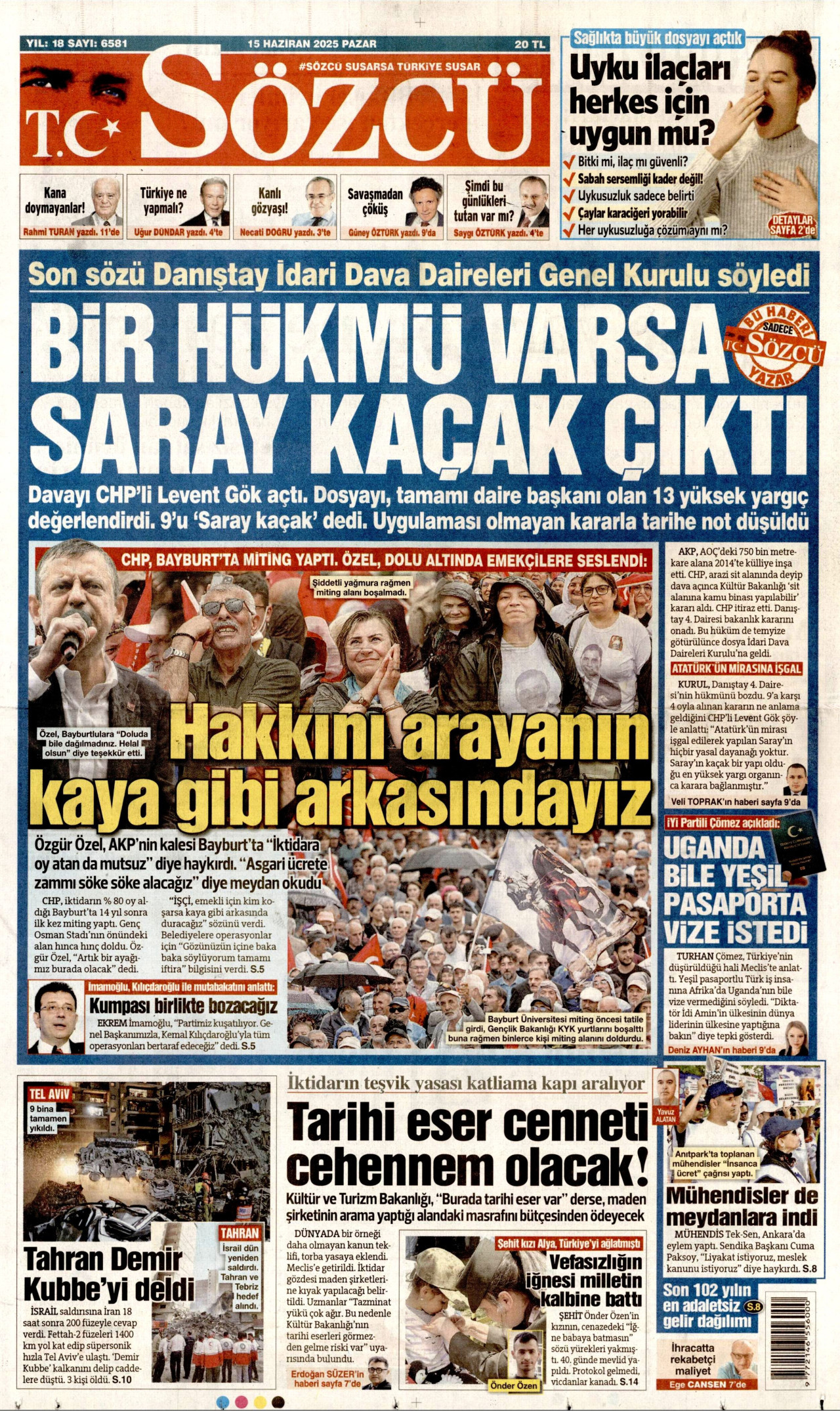 SÖZCÜ gazetesinin 15 Haziran 2025 tarihli birinci sayfası