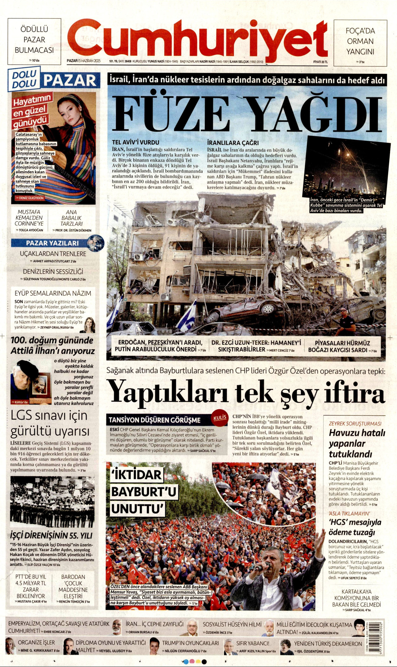 CUMHURİYET gazetesinin 15 Haziran 2025 tarihli birinci sayfası