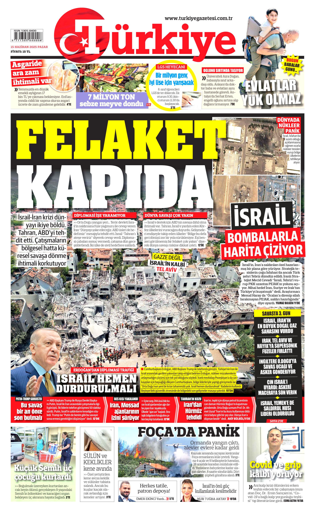 TÜRKİYE GAZETESİ gazetesinin 15 Haziran 2025 tarihli birinci sayfası